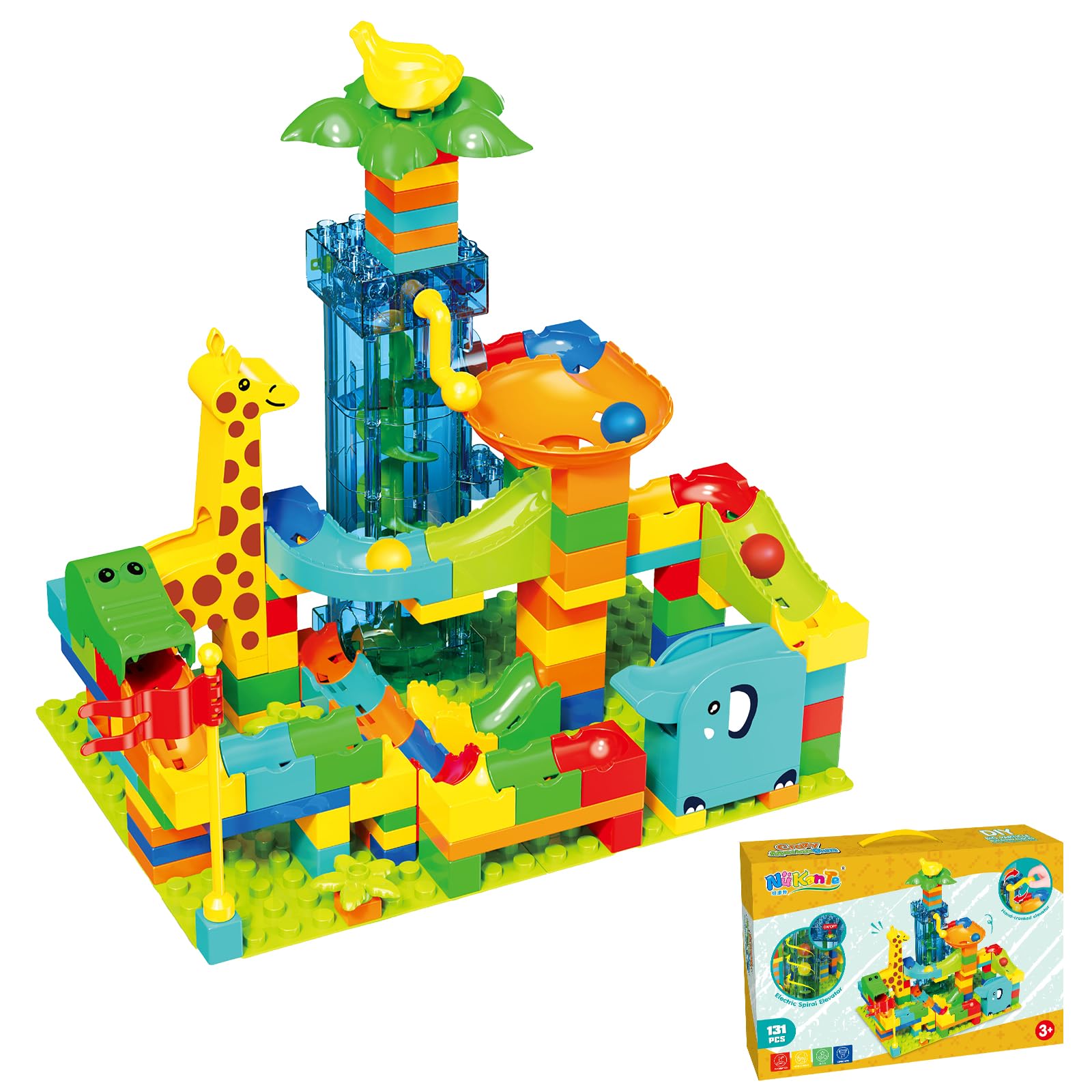 131-Piece Marble Run Blocks for Kids, Jungle Animal STEM Toy, Ages 3+