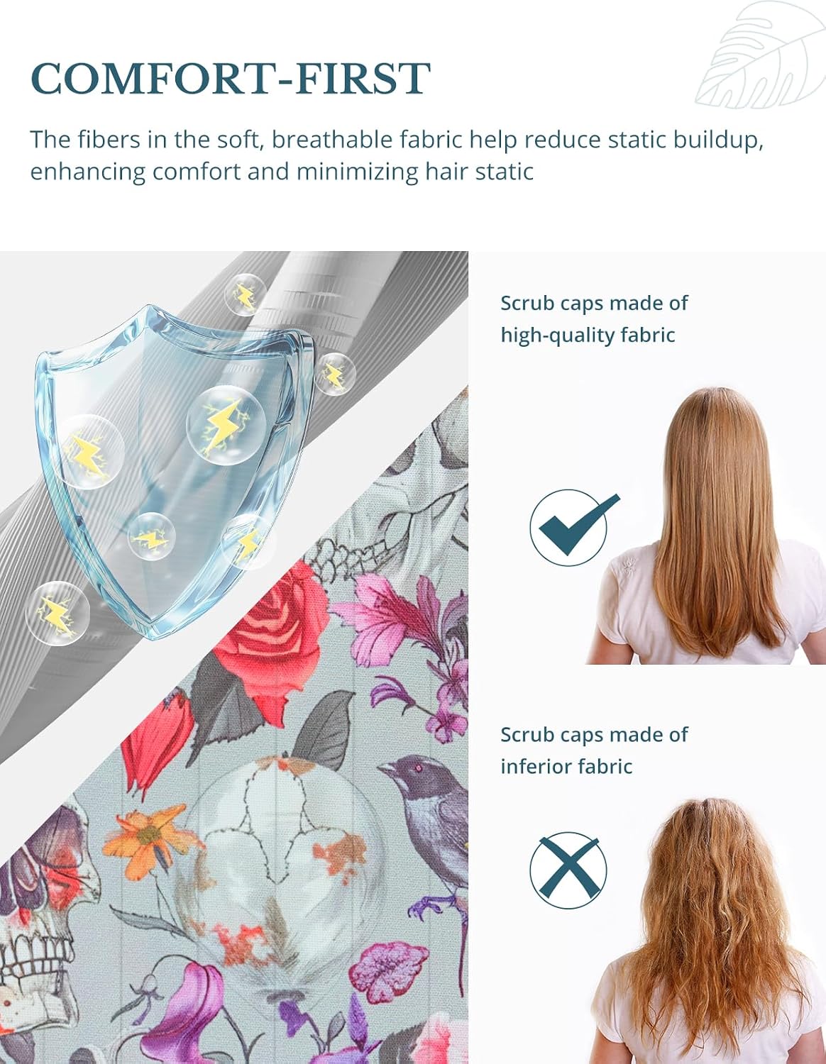 Scrub Caps Women Ponytail – Grey Skeleton Floral Double-Sided Printed Surgical Hat with Buttons and Sweatband, Soft Nurse Cap for Long Hair, Helps Reduce Static Buildup