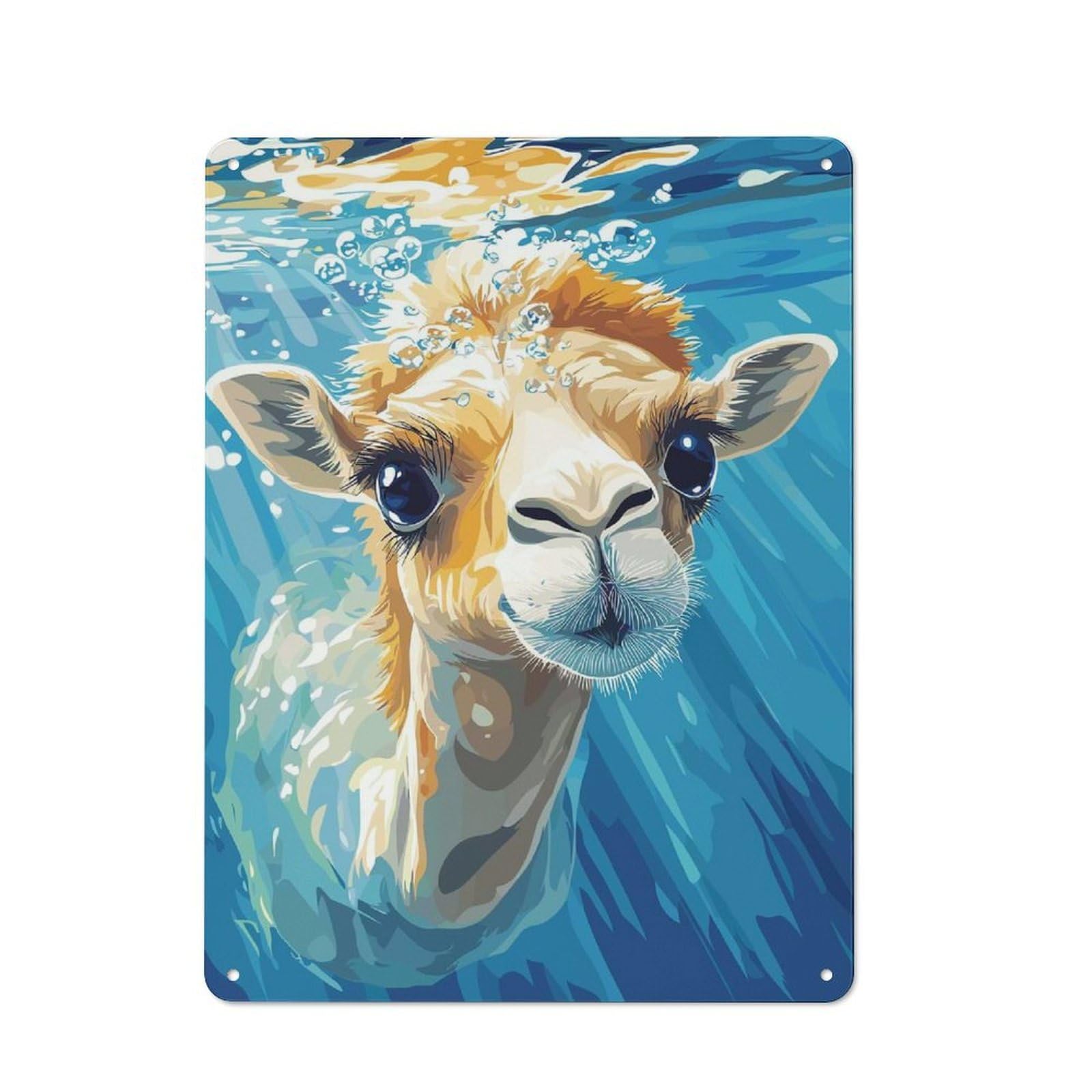Junmoney Style-6 Metal Wall Sign 40X30cm Featuring Camel Underwater With Bubbles Illustration For Living Room Wall, For Feature Wall Decorators