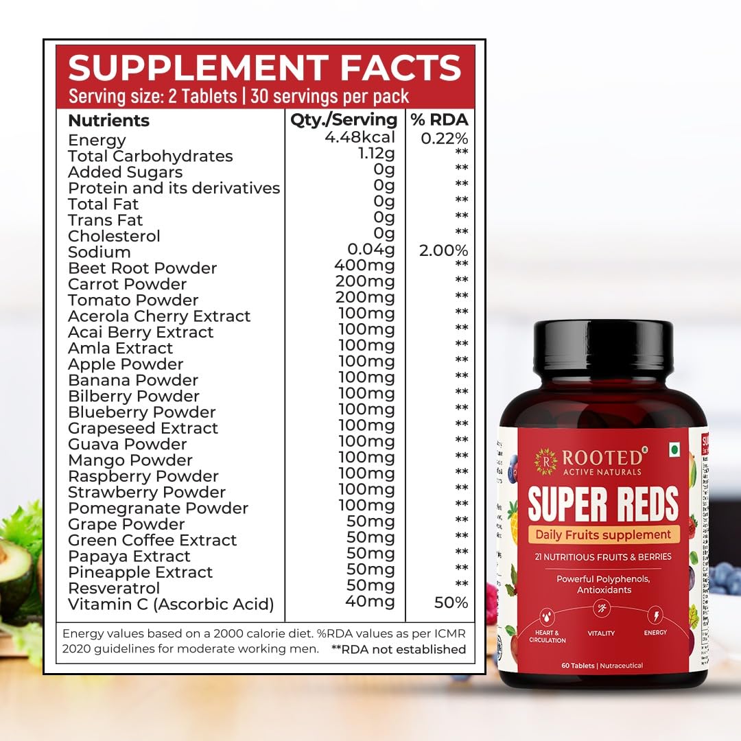 Rooted Active's Super Red Tablets for Men & Women | Comprehensive Daily Supplement with 21+ Nutritious Fruits & Berries | Daily Fruits Supplement | Supports Heart Health, Energy, Immunity (60 Tablets) - Image 6 thumbnail