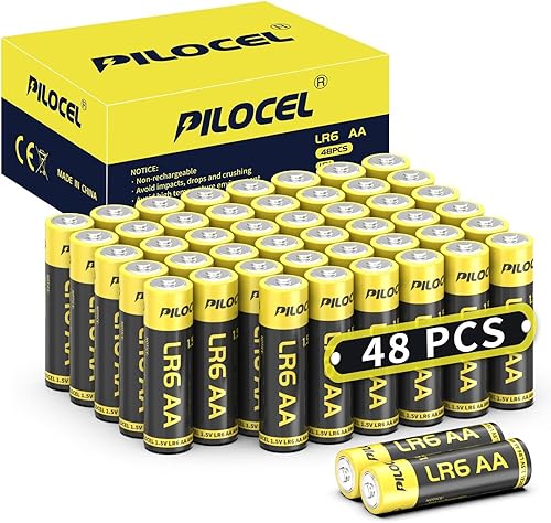 PILOCEL Paquete de 48 pilas AA alcalinas de alto rendimiento, 10 años de vida útil, baterías dobles A con energía de larga duración para