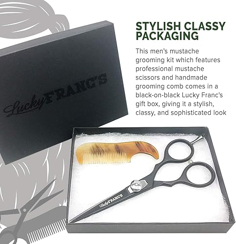 Miniatura 5 de Lucky Franc's Kit de aseo de barba con tijeras de barba japonesas y cuerno de buey hecho a mano mini peines de barba para hombres. Kit de recorte de