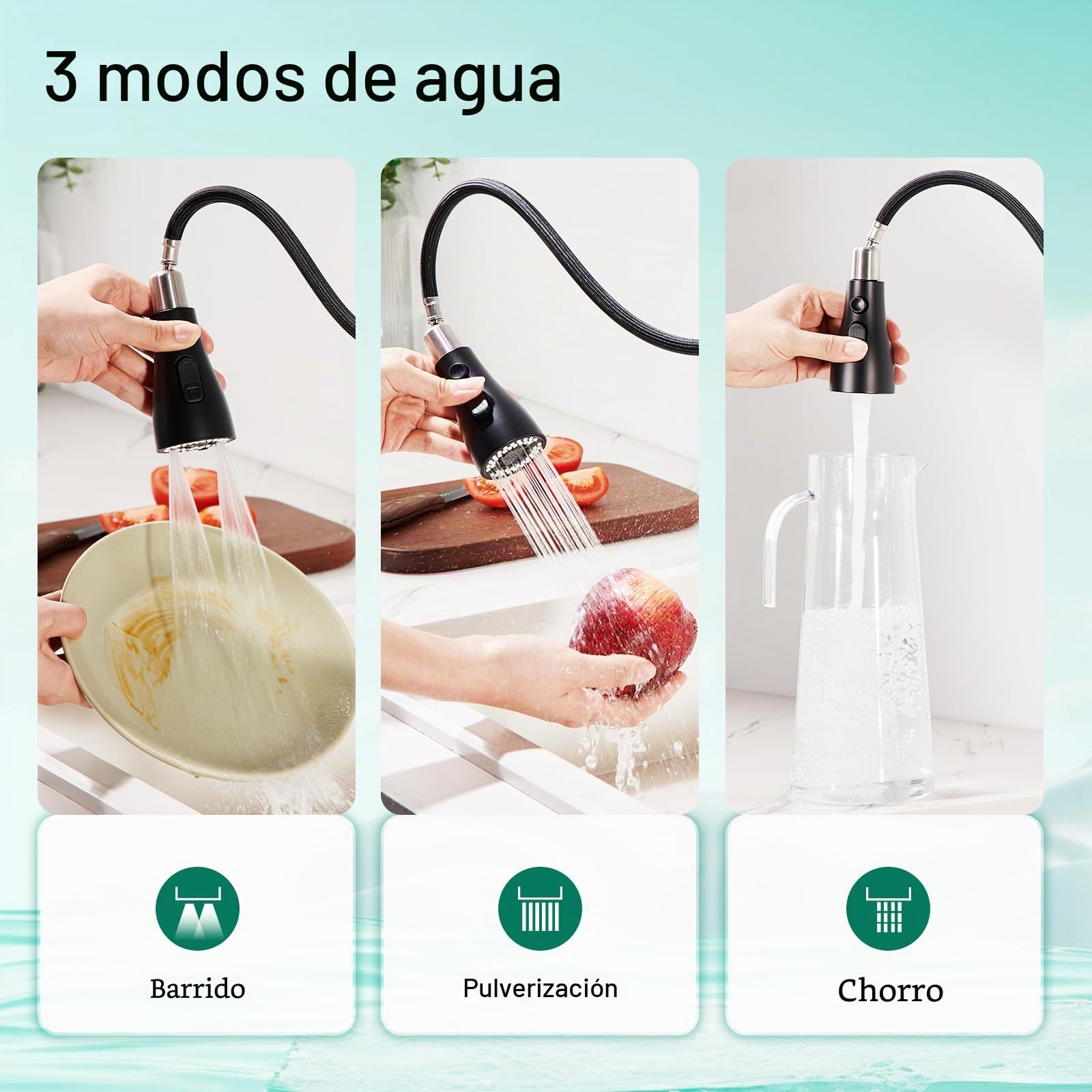 CREA Grifo Cocina Extraíble, Grifo de Cocina Monomando con 3 Modos de Ducha, Grifo para Fregadero con Ducha, Grifo Fregadero Cocina Giratorio a 360°, Negro Mate