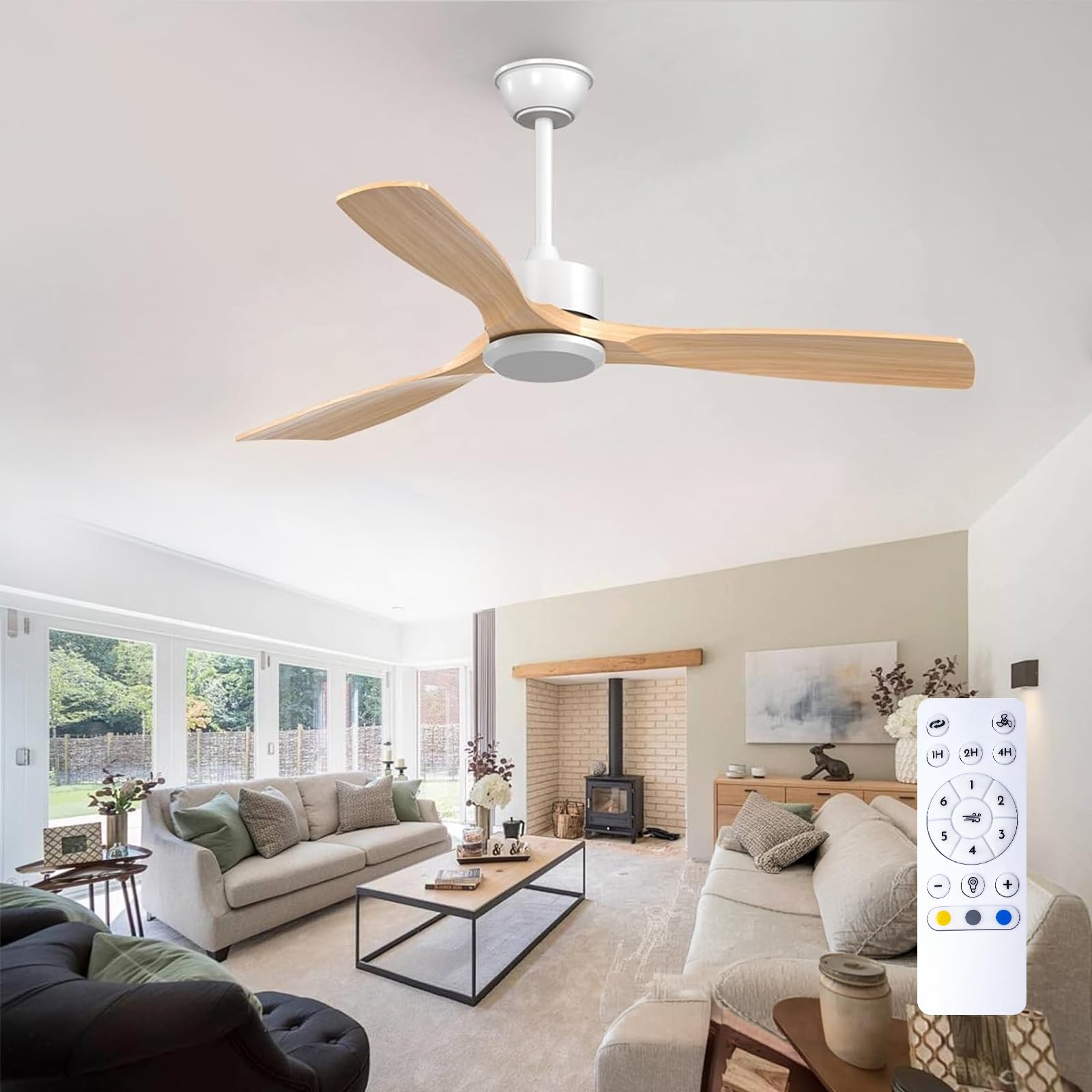 Passky Ventilatore da soffitto con illuminazione e telecomando, ventilatore da soffitto con luce, 3 pale, motore DC, 132 cm, bianco