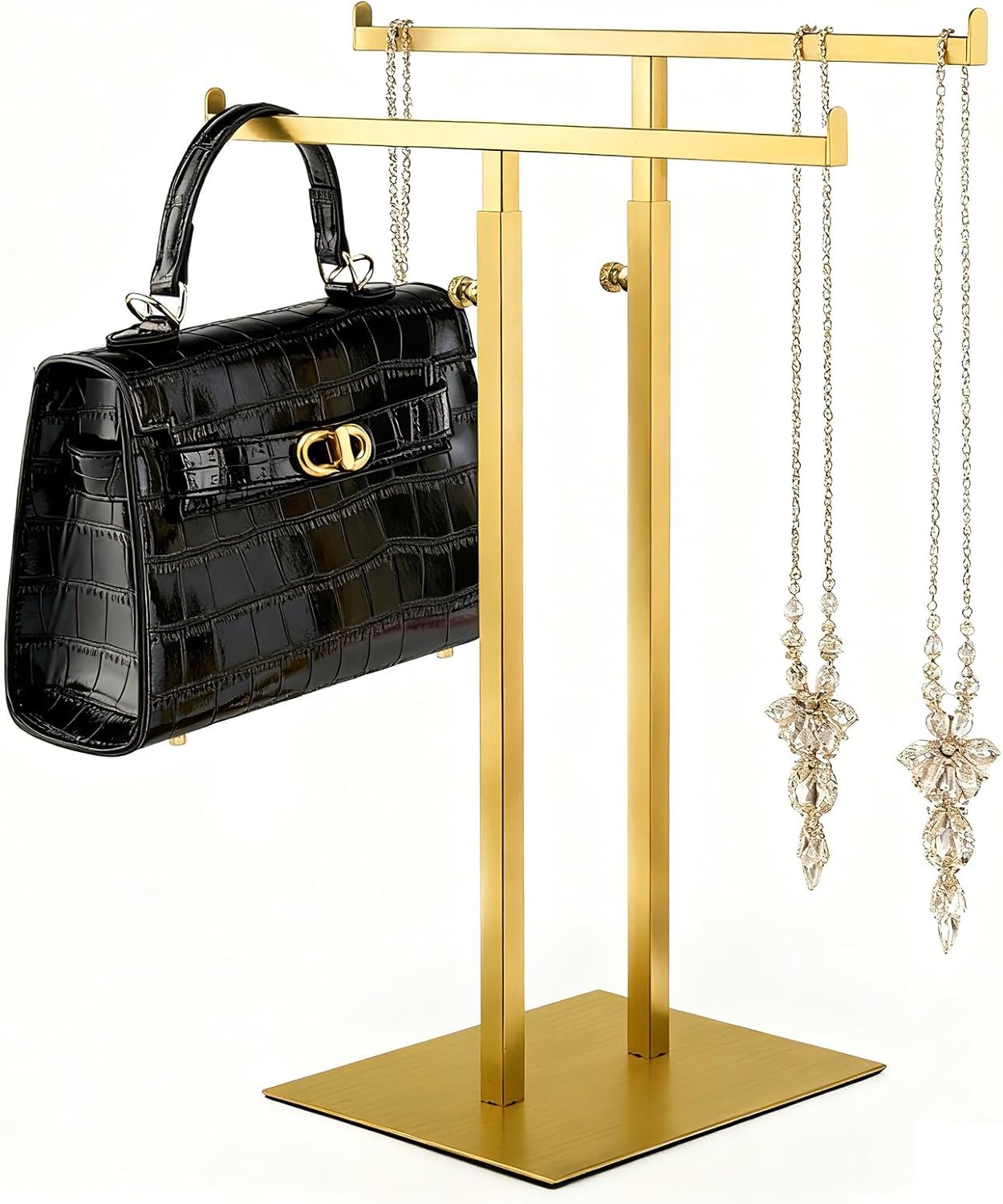 Purse Display Stand Jewelry Towers, Double T-Shaped Tabletop Stainless Steel Hook Hanging Adjustable Height Handbag Holder for Organizer Luxury Bags Necklaces Home Store Boutique Retail Closet