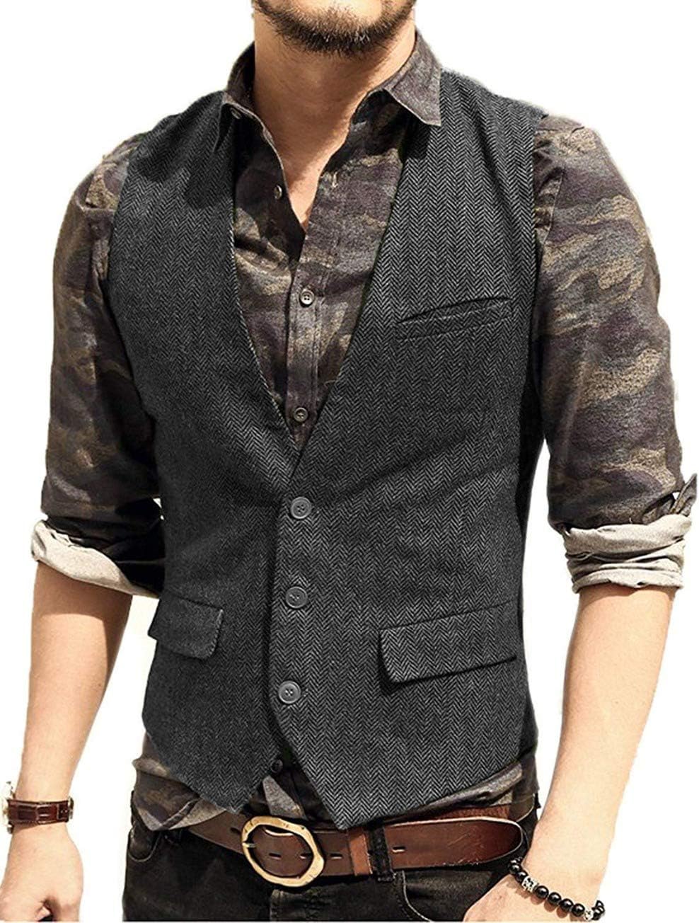 Jiaoyunshi Men's Slim Fit Suit Vest Wool Blend Herringbone Mens Tweed Waistcoat Wedding