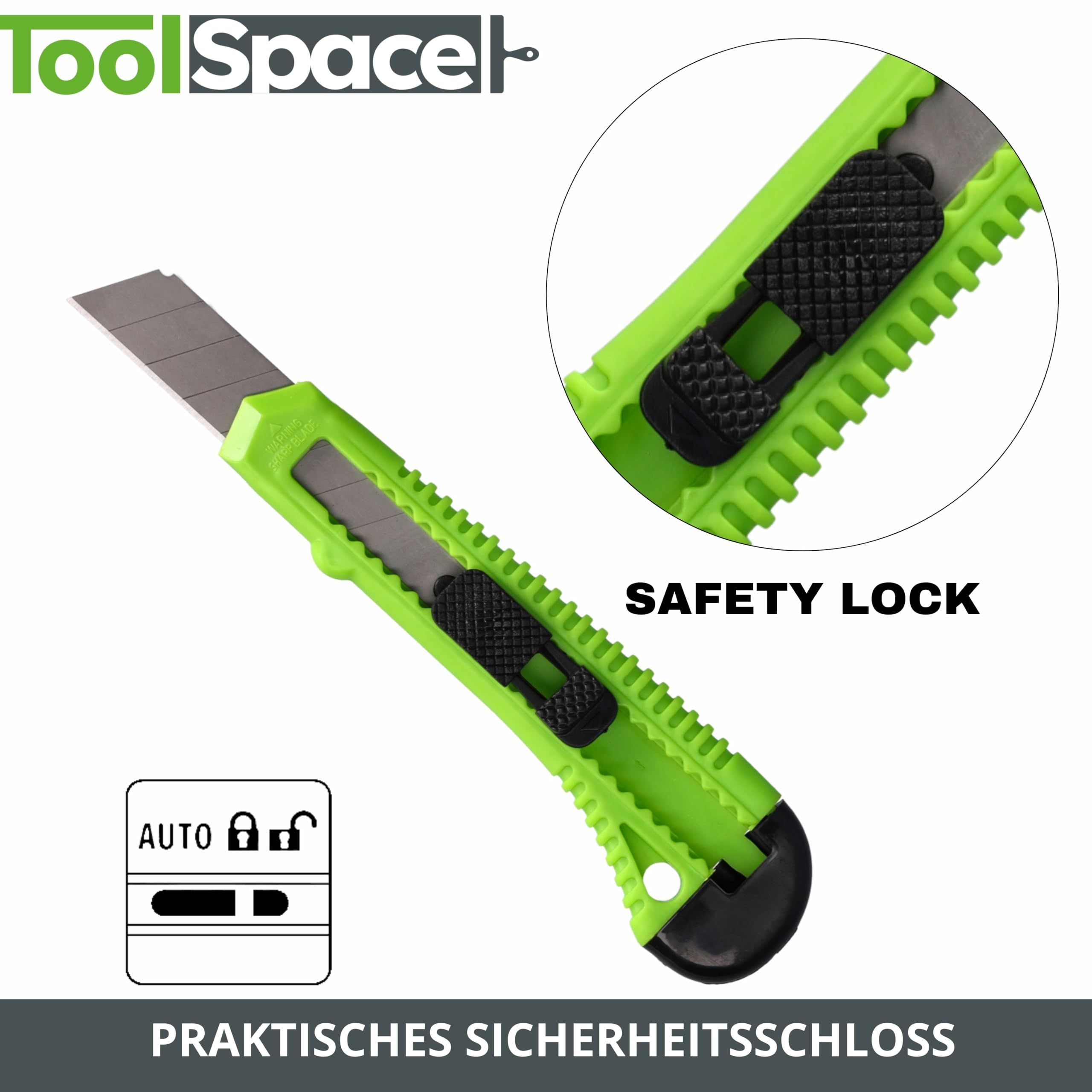ToolSpace Set 5 Taglierini Professionali Cutter Lama Diciotto Millimetri Acciaio Inox Impugnatura Ergonomica Blocco Sicurezza Taglio Preciso Cartone Carta Da Parati Qualita Professionale Garantita