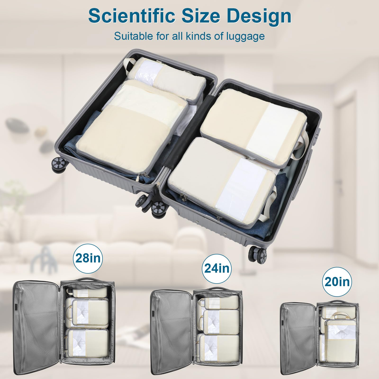 Cozary Organizer Valigia - Set di Packing Cubes con Compressione e Tessuto in Poliestere Impermeabile, Set Intimo da Viaggio per Zaini o Bagagli a Mano, Perfetto per Viaggi e Campeggio - Beige