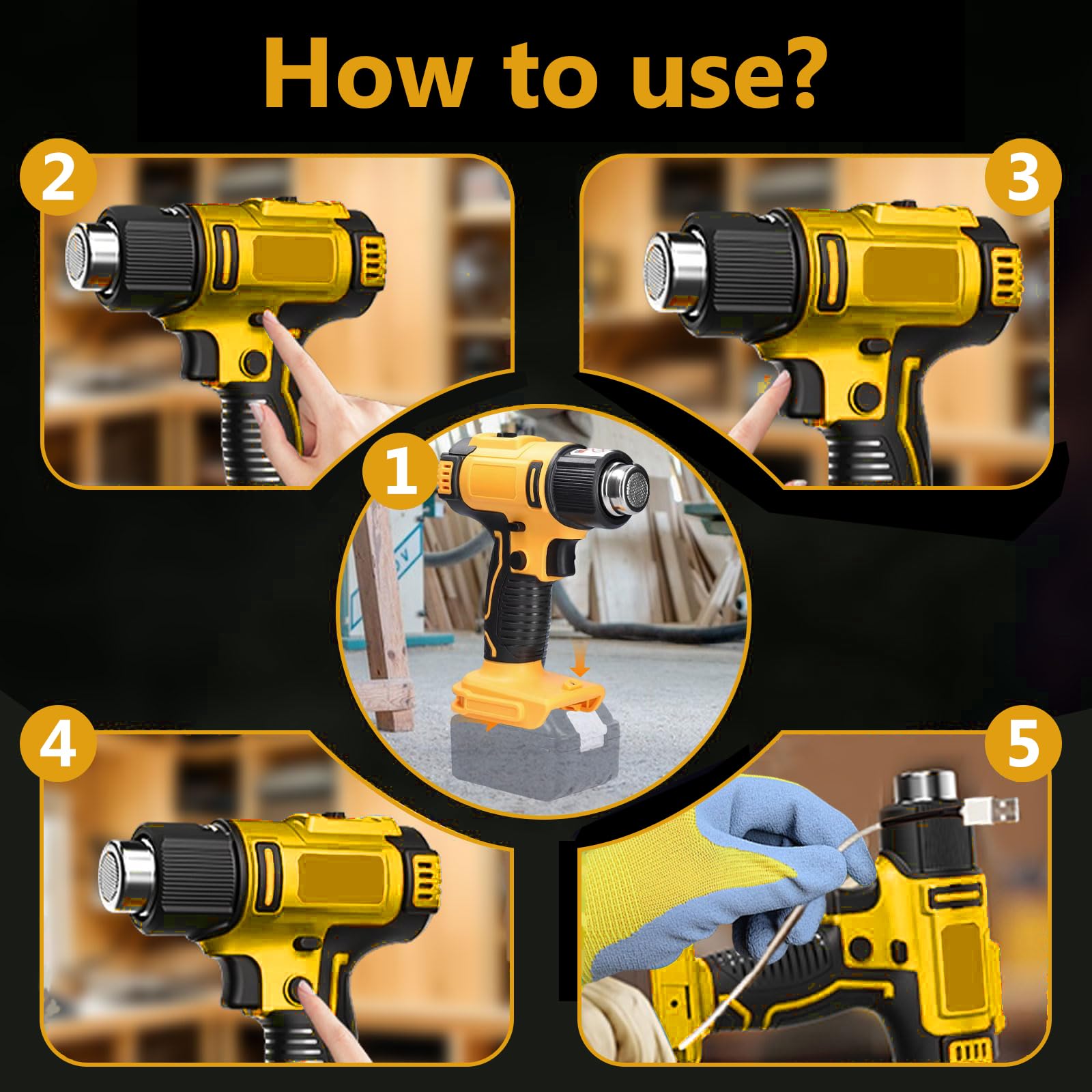 Pistolet à air chaud sans fil pour Dewalt 20 V Batterie, 50 °C à 550 °C | Pistolet à Air Chaud avec écran LCD Réglable de 50 à 550 °C, avec 5 Buses et 2 Shovels pour Soudure bricolage(Sans Batteries)