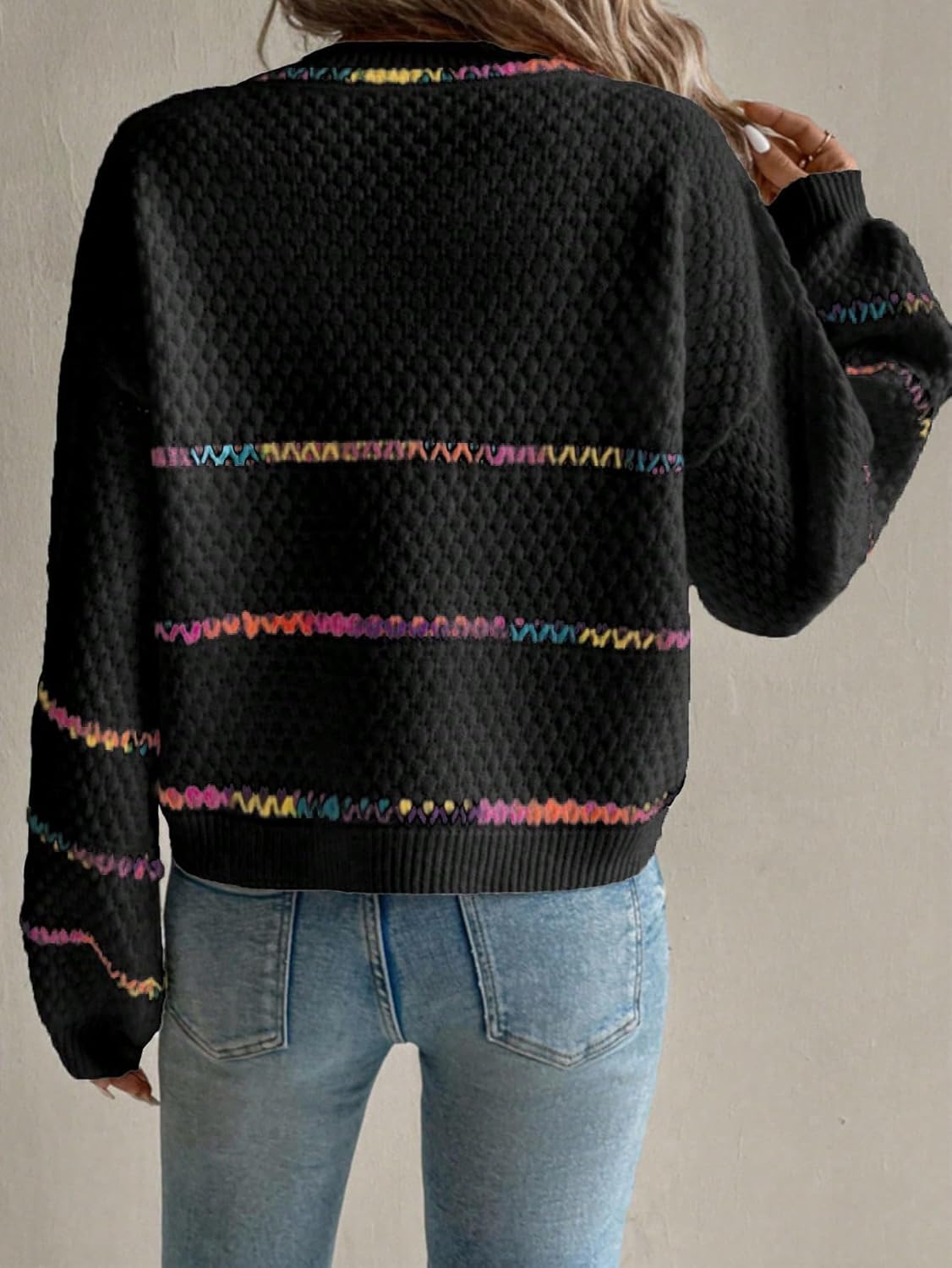 Chvity Women's Colorful Stripes V Neck Knit Sweater Fall Fashion Drop Shoulder Long Sleeve Pullover Sweater - Image 5