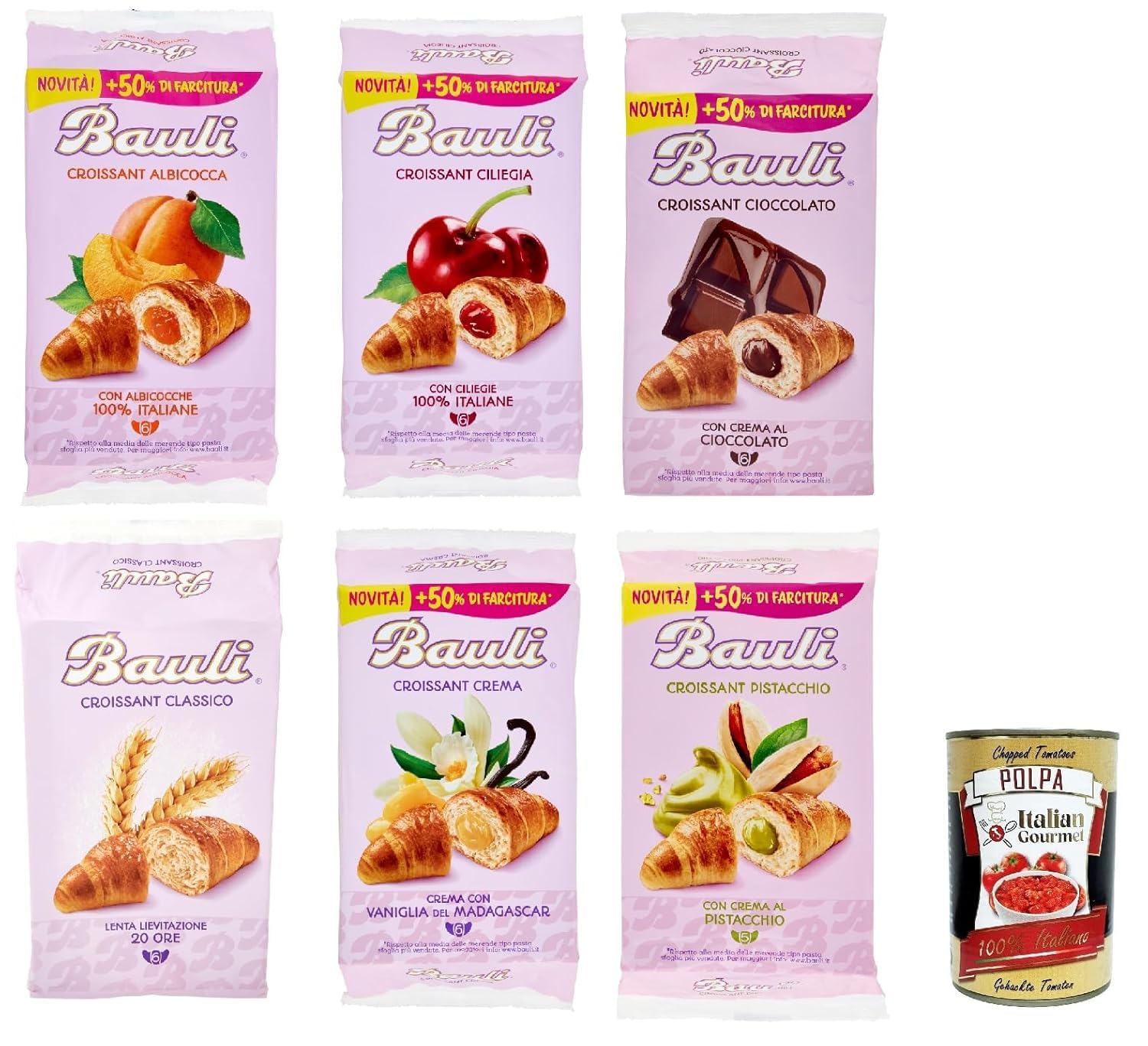 Italian Gourmet Assortiment Croissants Bauli – 6 Parfums (Abricot, Cerise, Chocolat, Crème Vanille, Pistache, Classique) – Goûter & Petit Déjeuner – Lot Mixte Moelleux + Italian Gourmet Polpa