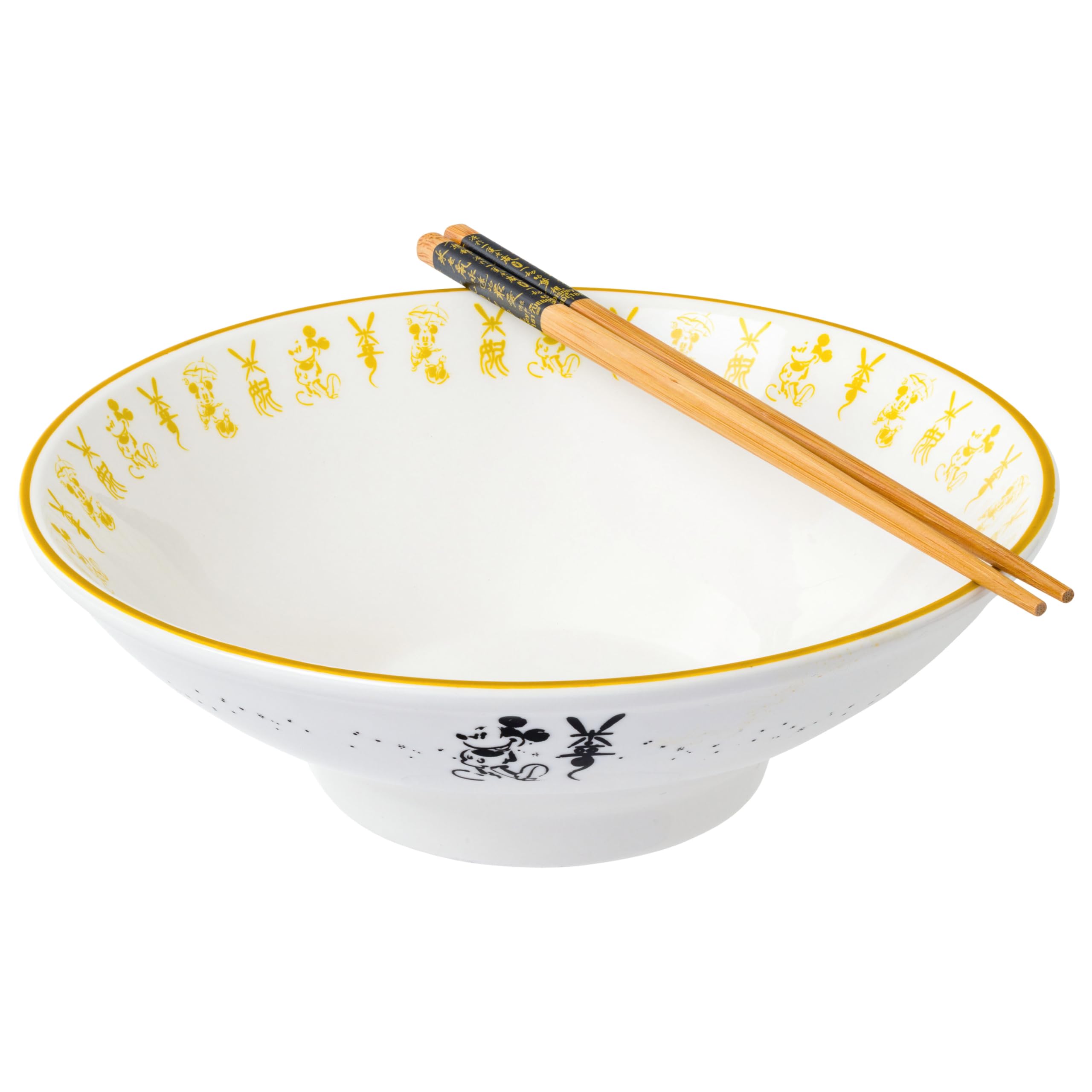 Silver Buffalo Mickey And Minnie Chinese Calligraphy Disney Mickey And Minnie Mouse Chinese Calligraphy Ceramic Ramen Noodle Rice Bowl With Chopsticks, Microwave Safe, 30 Ounces