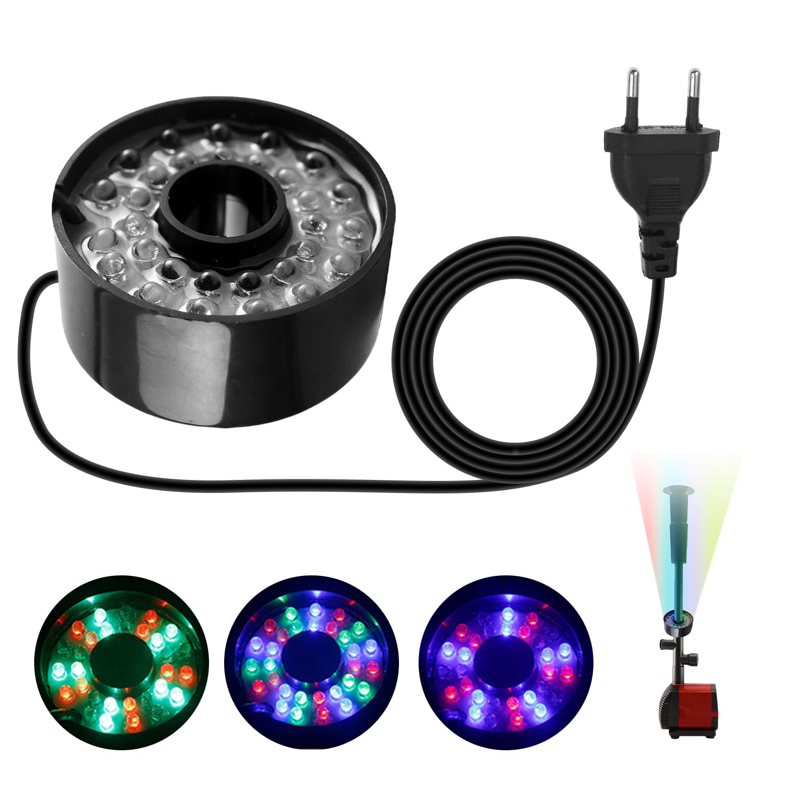 PORFOYO Lampa pierścieniowa LED, pierścień LED, pompa do stawu, tryb kolorowy, 7 kolorów, zmieniająca się kolor, lampa pierścieniowa z kablem o długości 2,91 m do basenów, fontann i jezior (czarna)