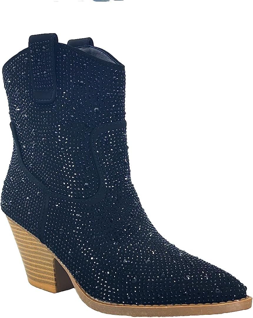 Women's Rhinestone Block Heel Mid Calf Short Ankle Booties Knee High Boots: Women's Rhinestone Block Heel Cowboy Mid Calf Short Ankle Booties Boots River-01 Charcoal 01 Size 6