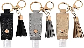 Portable Empty Travel Bottle Keychain Hand Sanitizer Bottle Holder 3 Pack 1oz / 30ml Small Squeeze Bottle Refillable Containers for Toiletry Shampoo Lotion Soap (Black+Grey+Khaki)