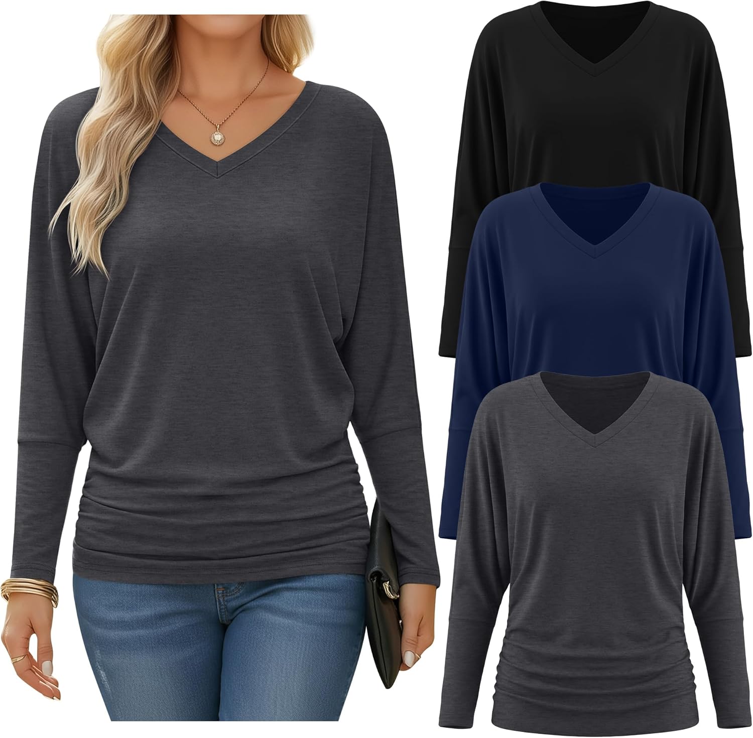 Oakgarden 3 Pack Women's Dolman Long Sleeve Tops Casual Flowy Draped Side Ruched Shirts V Neck Lightweight Bat Wing Basic Tee