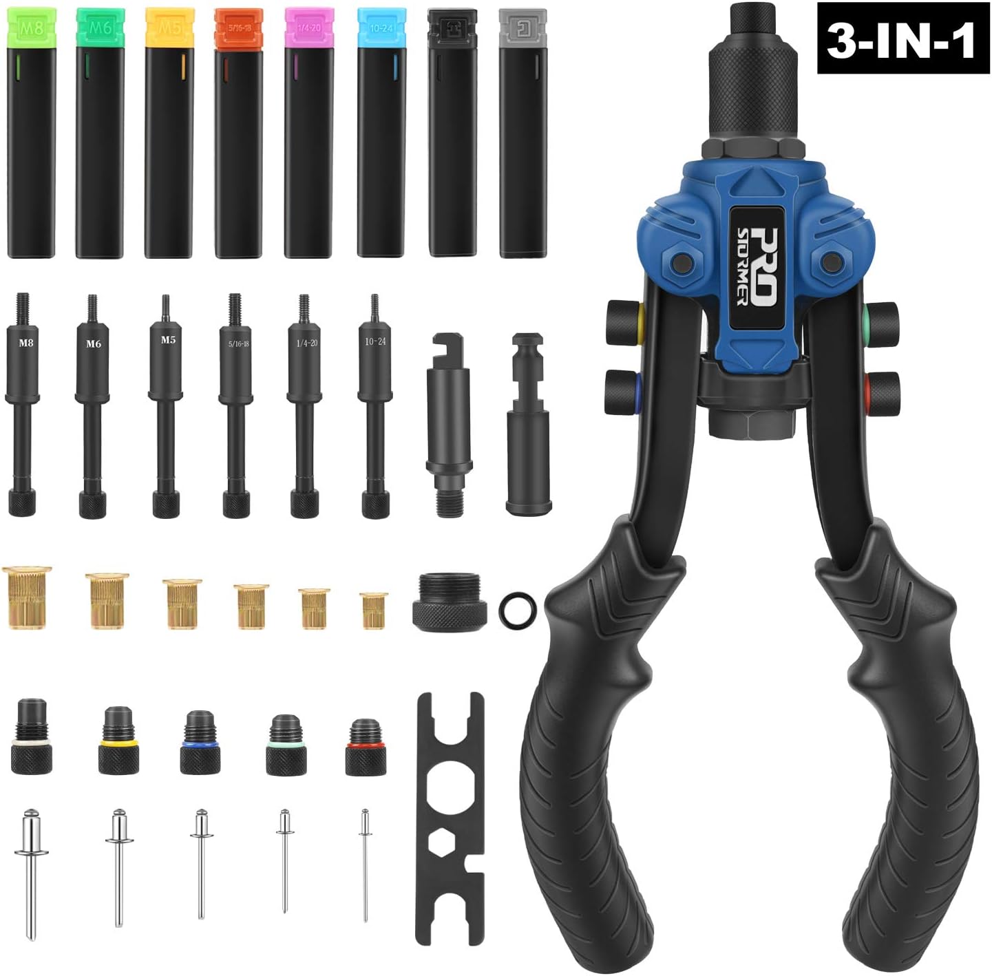 Prostormer Rivet Nut Tool Rivet Gun Reamer Set, 3 in 1 Hand Riveter Nut Setter Kit with 6 Metric & SAE Mandrels, 2 Reaming Mandrels, 50Pcs Rivets, 60Pcs Rivet Nuts and Rugged Carrying Case