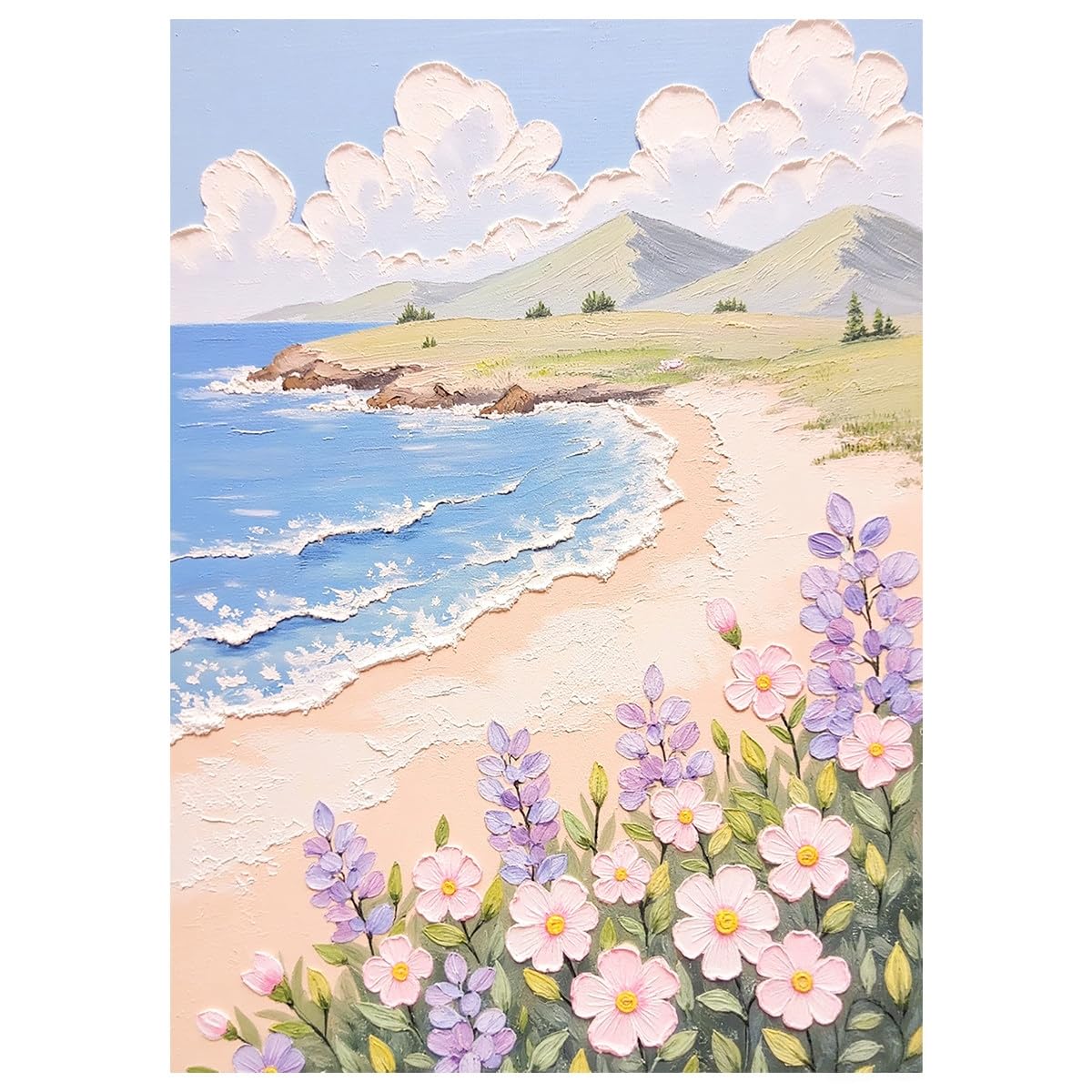LCDIUDIU Oil Paintings On Canvas Hand Painted Textured Coastal Wall Art Pink Purple Wildflowers Beach Landscape Ocean Waves Wall Decor Unframed Artwork for Living Room Bedroom 50X70Cm(20X28Inch)