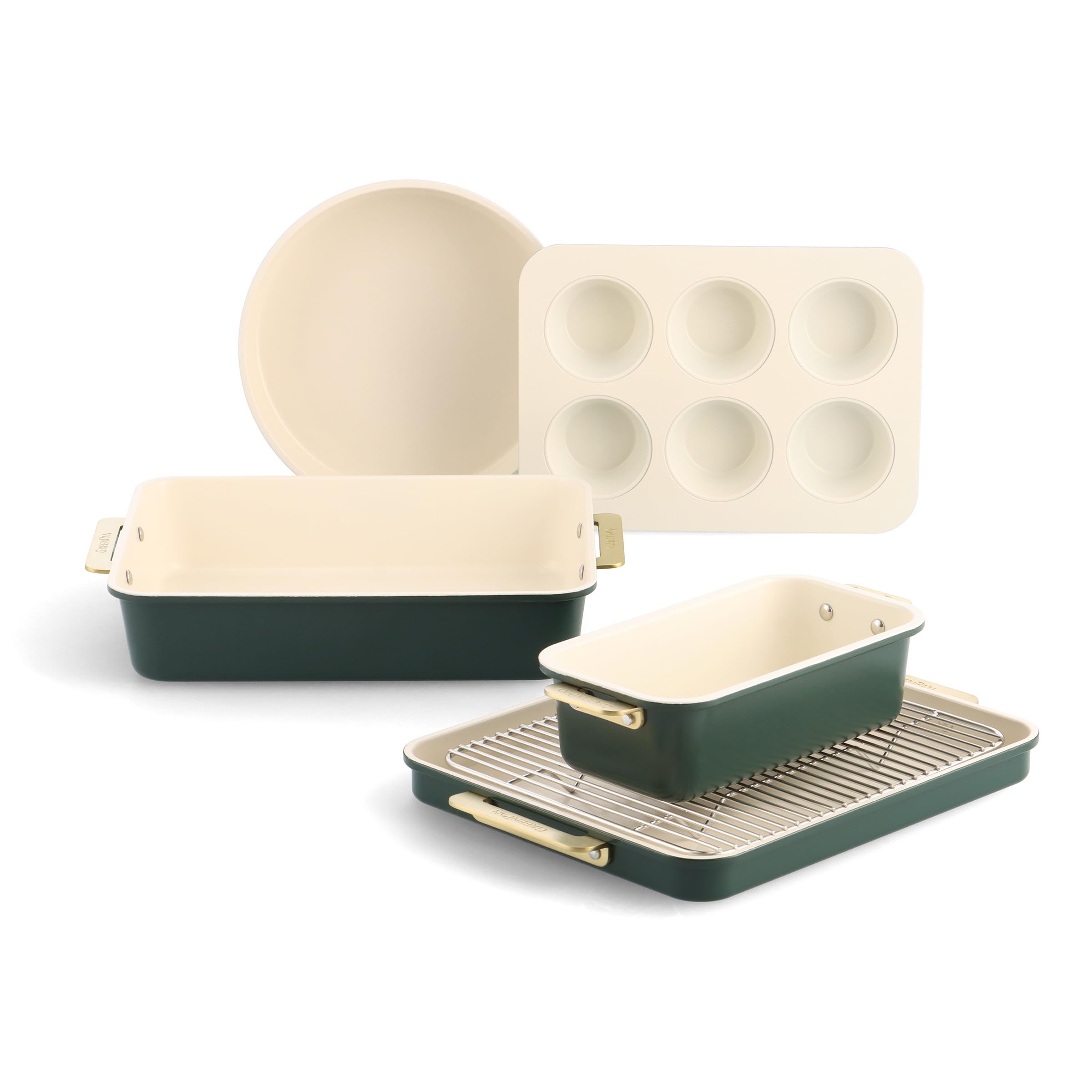 GreenPan Reserve Backform-Set, 6-teilig, antihaftbeschichtet, Keramik, goldener Griff, Backbleche, Kuchenformen, Kastenform, Muffinform, Abkühlgitter, PFAS-frei, Ofenfest bis 240 °C, Grün