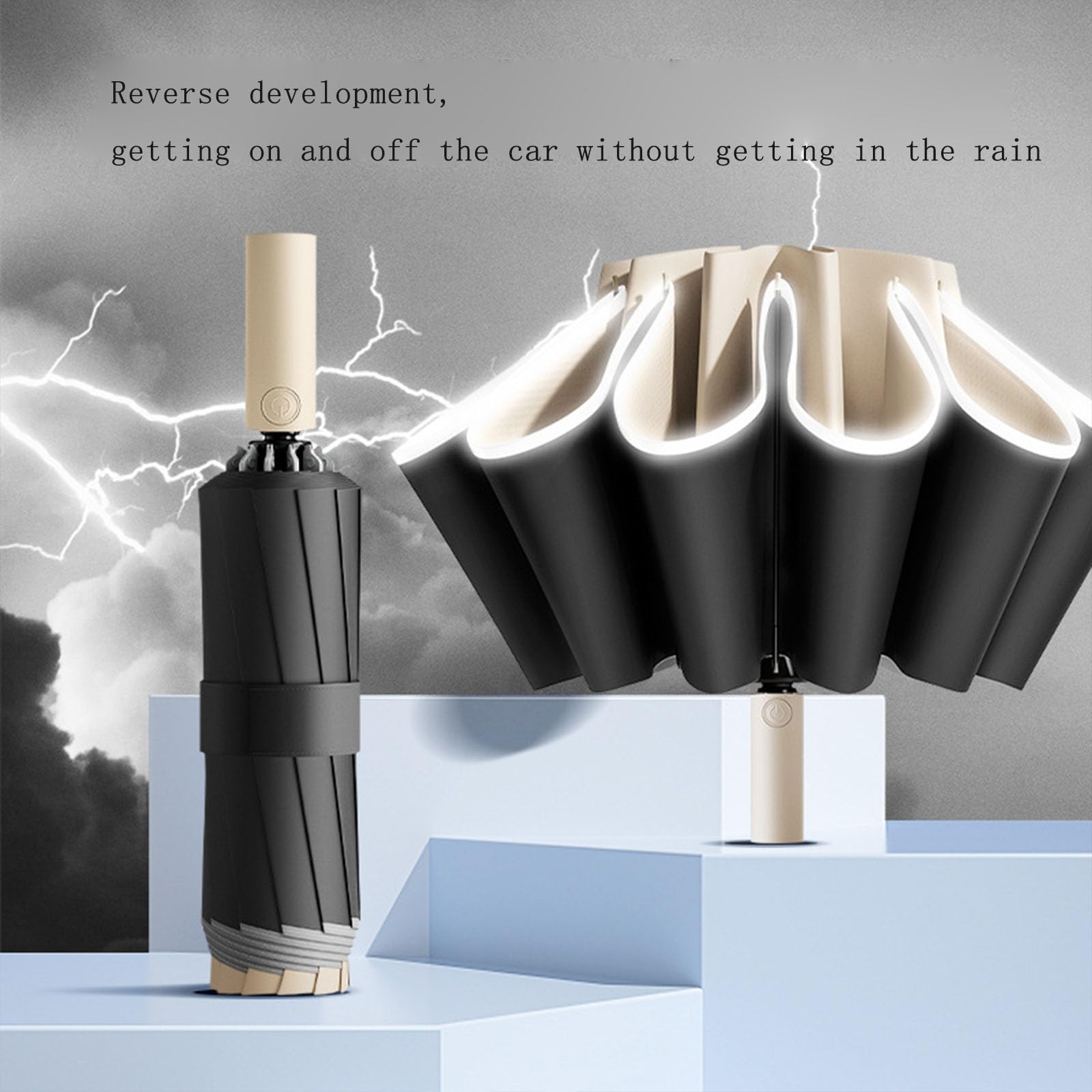 Odwrócony parasol z odblaskowymi paskami, przenośny składany parasol podróżny jest odpowiedni dla mężczyzn i kobiet w parasolu i słońcu (Beige)