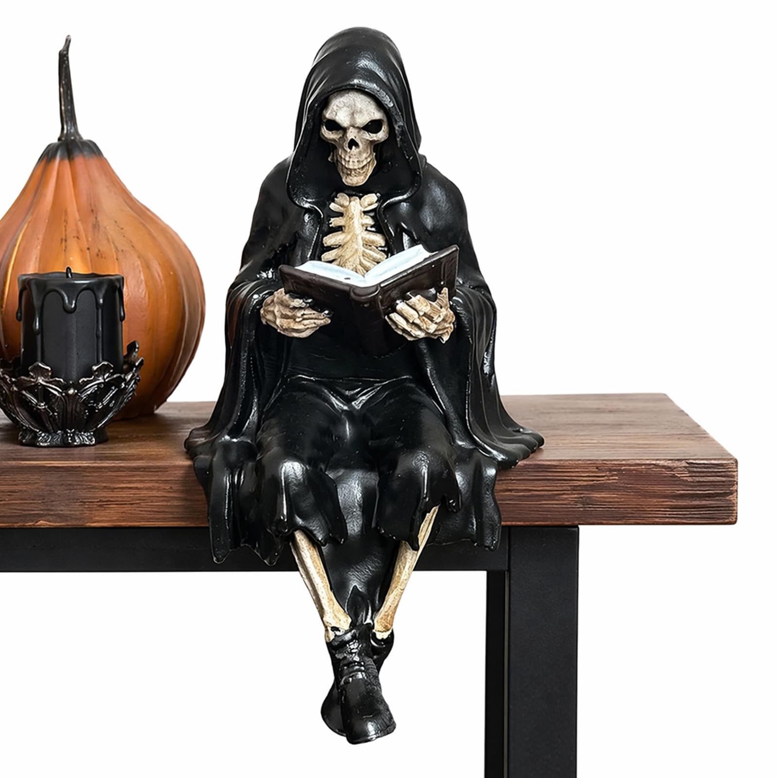 Gothic Reading Statue Set - Grim Reaper Skeleton & Winged Hooded Figurines, Black Robe Sitting Sculptures for Bookshelf, Desktop, Halloween Room Decor, Resin Collectible Gifts