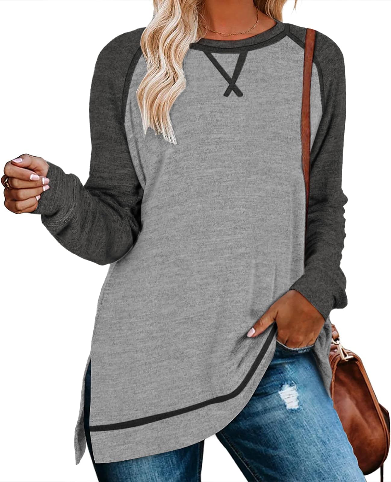 Women's Crewneck Long Sleeve Tops Casual Raglan T Shirts Loose Fit Color Block Pullover Fall Winter Blouse