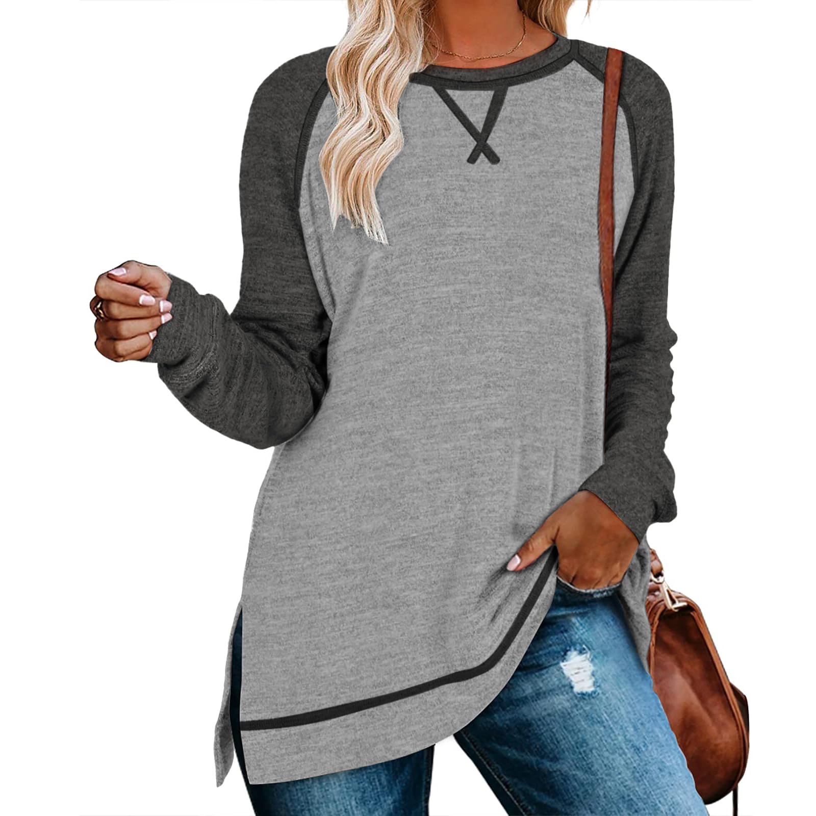 Women's Crewneck Long Sleeve Tops Casual Raglan T Shirts Loose Fit Color Block Pullover Fall Winter Blouse