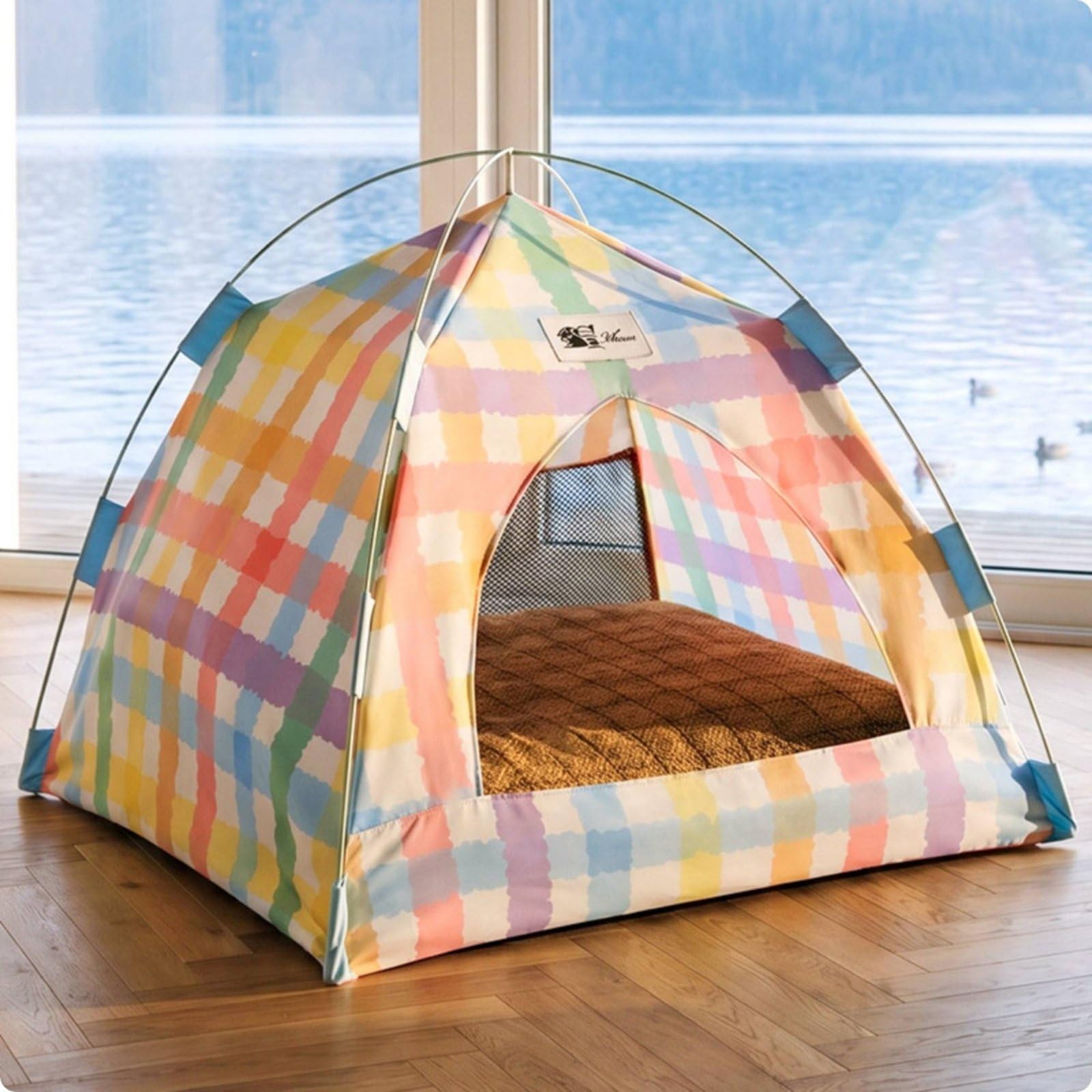 predolo Casa Cueva Mascotas Lavable Veraniego para Interior, XL 63 63 54CM, Tienda De Campaña para Mascotas, Color Dopamina, A Cuadros, con Alfombrilla Refrescante