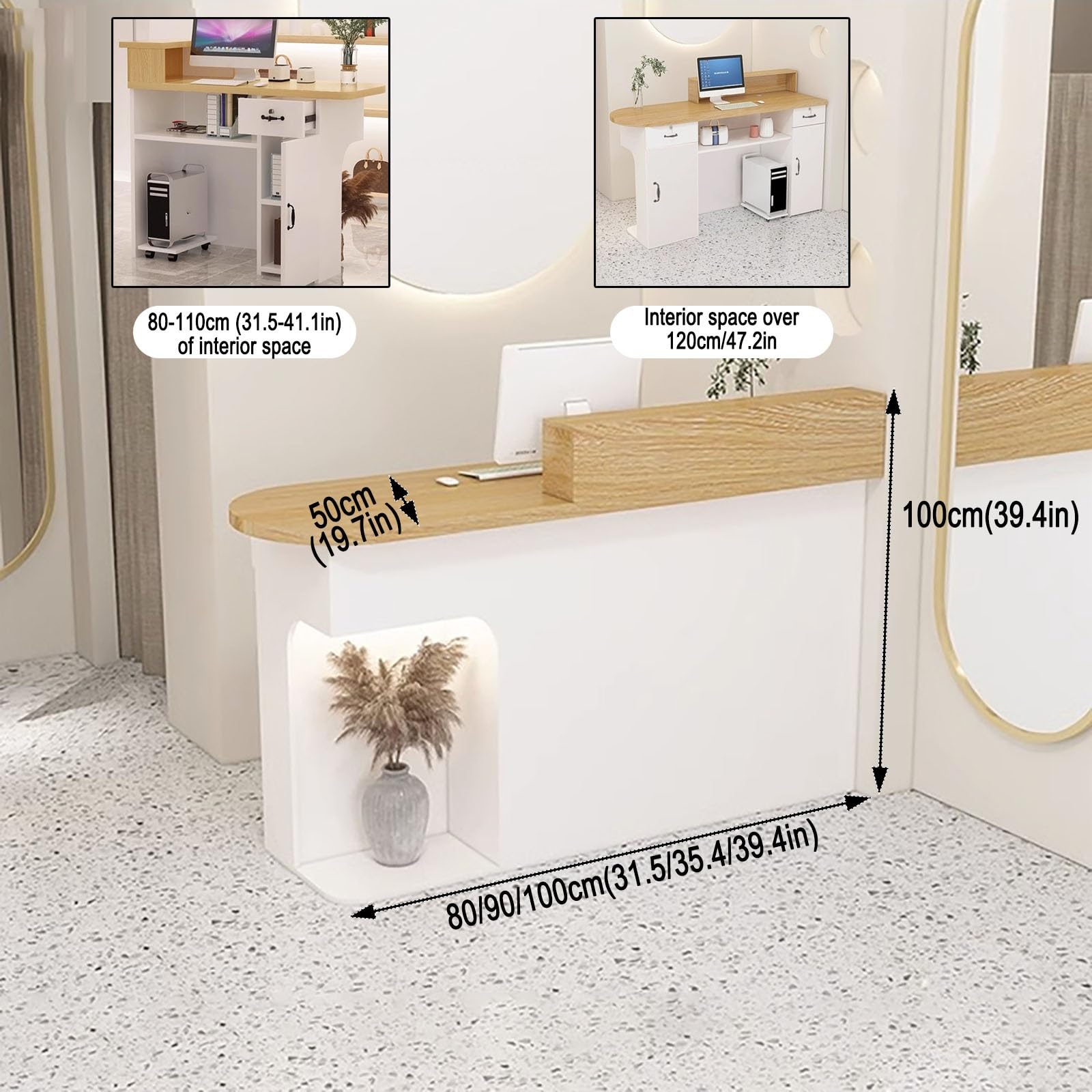 Moderno banco di ricezione a LED con ampio spazio di archiviazione per aziende e centri commerciali