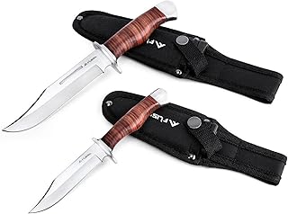FLISSA 2-piece Bowie Knife with Sheath, Fixed Blade Hunting Knife with Leather Handle for Outdoor, Camping, Survival, Hiking - FLISSA