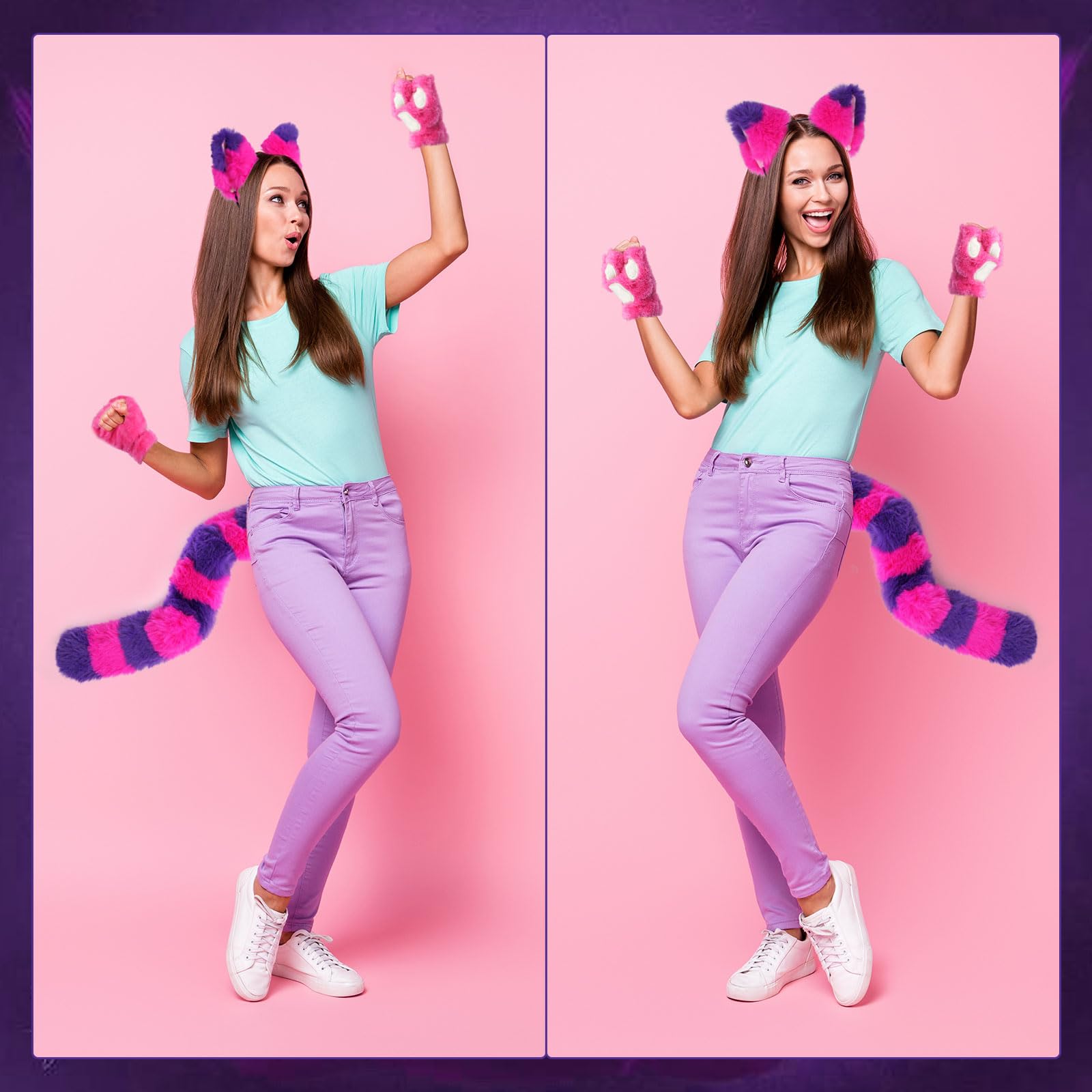 Kavoc 5 Pcs Pink Purple Striped Cat Costume Include Cat Ears Headband,Furry Tail,Choker,Striped Socks and Gloves for World Book Day Dress up - Image 4