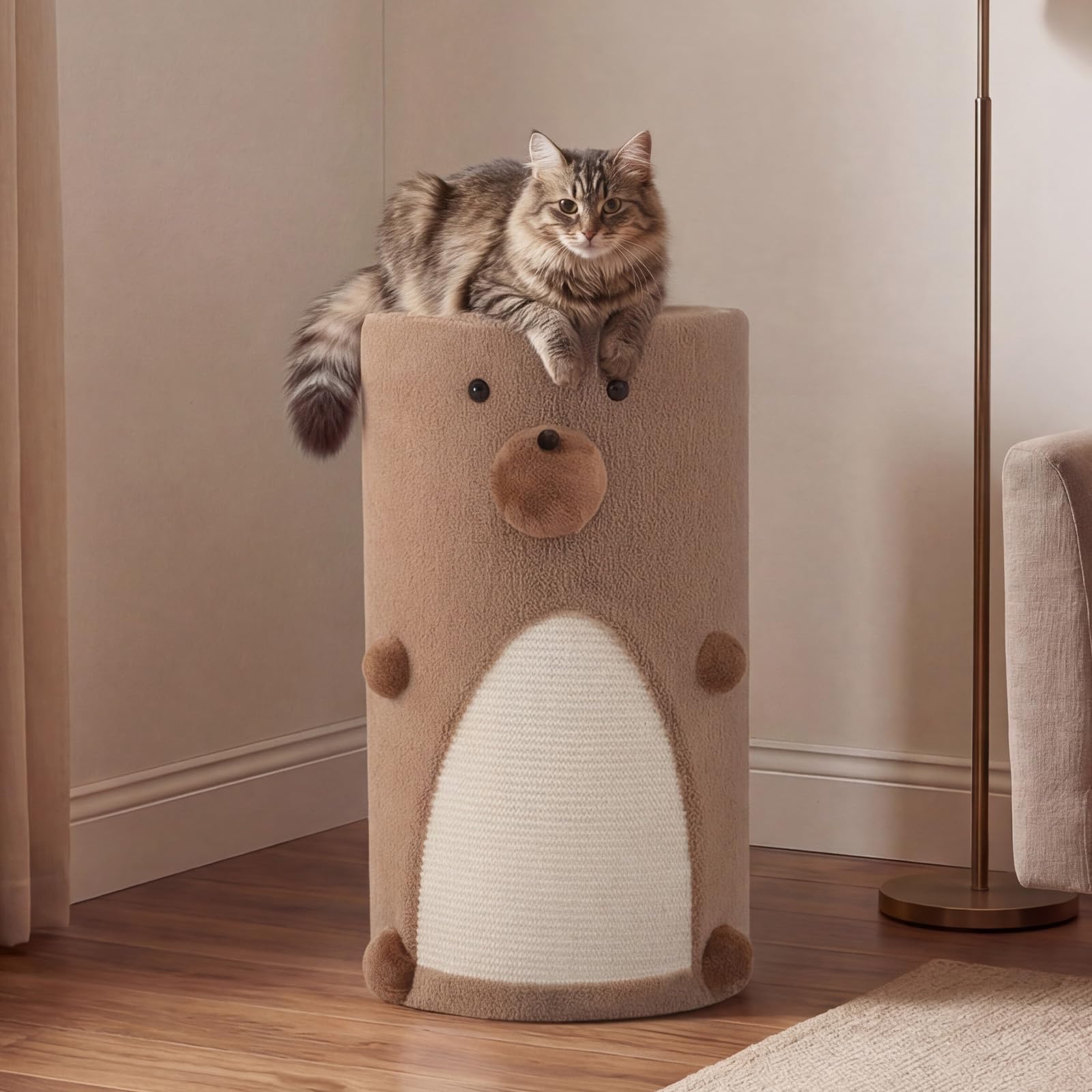 COSTWAY Kratztonne, Ø 35 cm, 66 cm hoch, Katzentonne mit Sisal-Kratzmatte, 2 Katzenhöhlen, Katzenbett, Kratzbaum für kleine und mittelgroße Katzen, Katzenbaum bis 15 kg, Braun