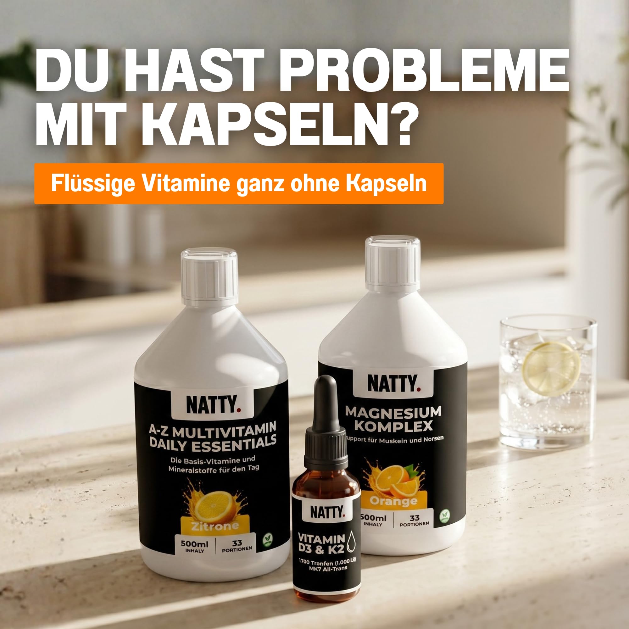 NATTY A-Z Daily Vitamin Bundle – Flüssige Vitamine ohne Kapseln – 3x Multivitamin Zitrone, 3x Magnesium Komplex Orange & Vitamin D3 K2 Tropfen – 100 Tage Vorrat