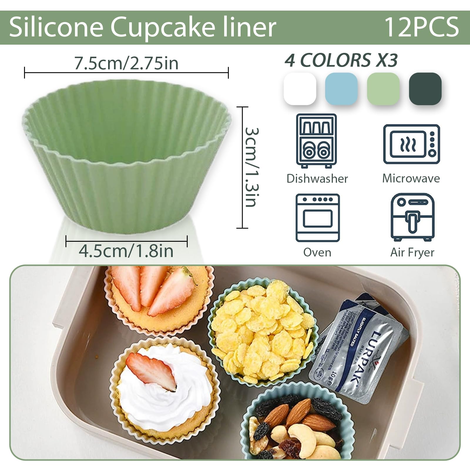 Silicone Baking Muffin Cups 12 Pack,Food-Grade Non-Stick Muffin & Cupcake Liners,Wrapper Cups Holders for Muffins, Cupcakes, and Candies Standard Size (Green)