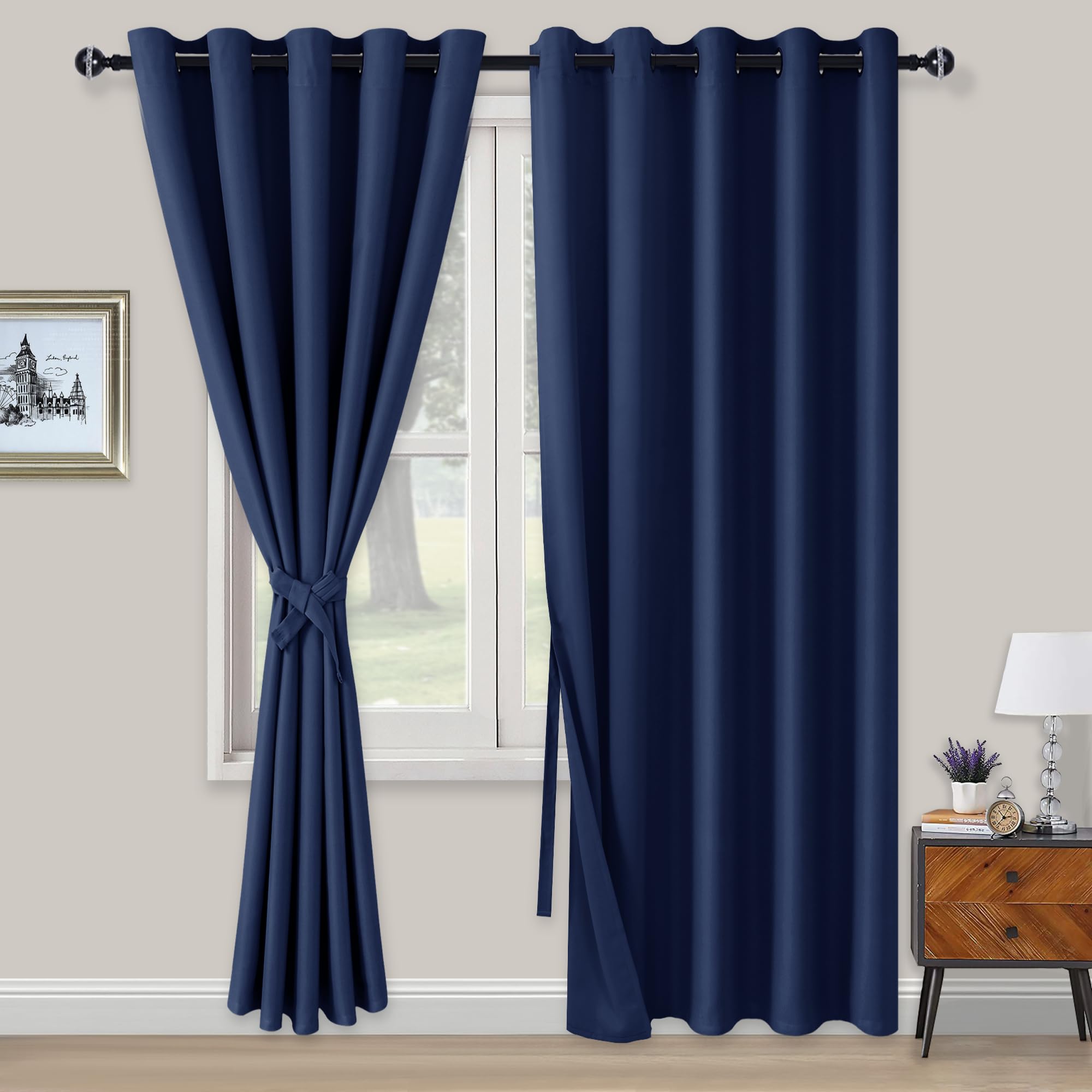 XWZO Blackout Curtains Shades Window Curtain Panels with Tiebacks- Noise Reduction and Thermal Insulated Eyelet Curtains for Bedroom,Living Room,Office,Study Room Navy W66xL90