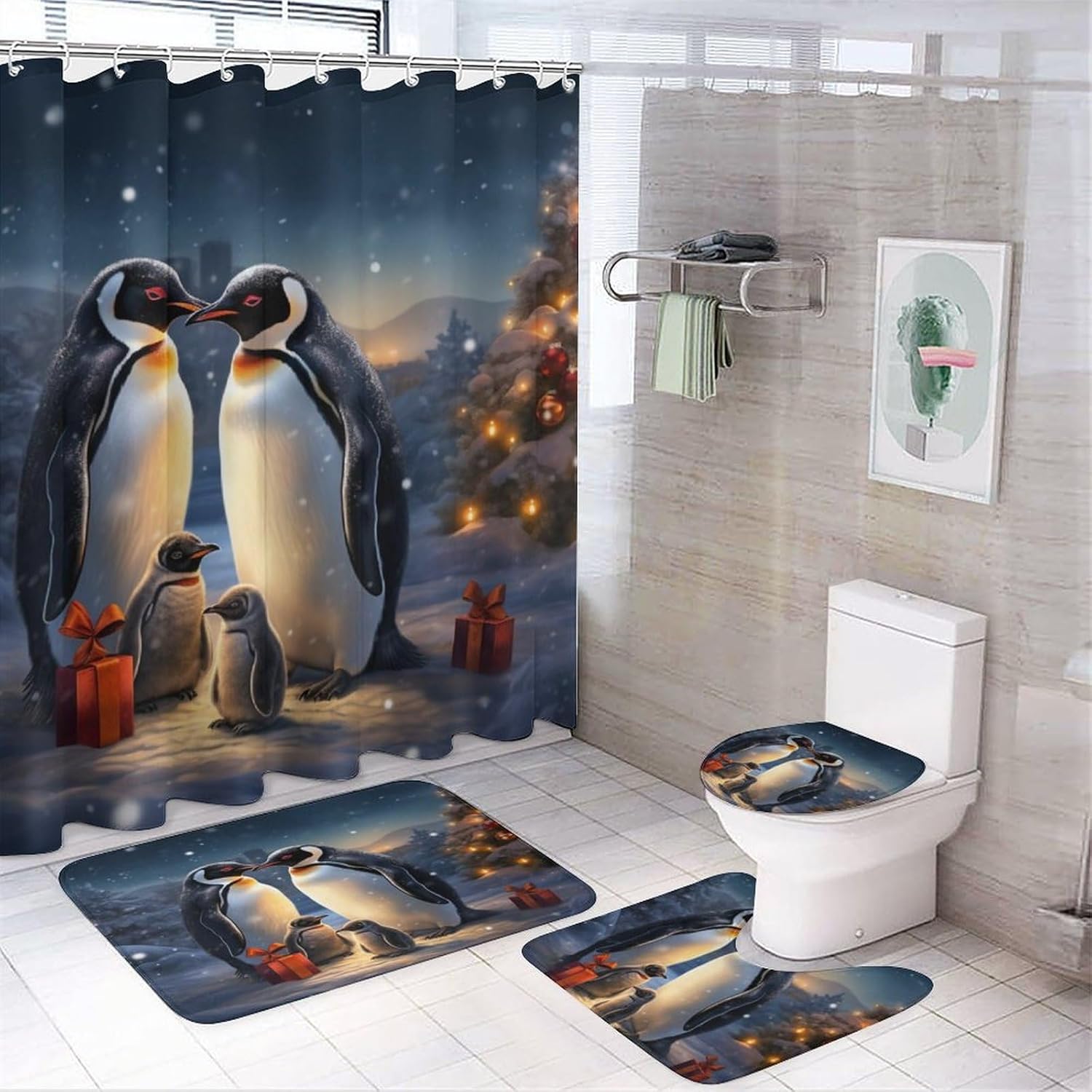Shower Curtain Sets 4 Piece Penguin Christmas Snow Winter Animals Penguins Rug Toilet Lid Cover And Non-Slip U Shape Mat Cartoon Cute Funny Animal Design Bathroom Decor Sets for Bathtub Decor
