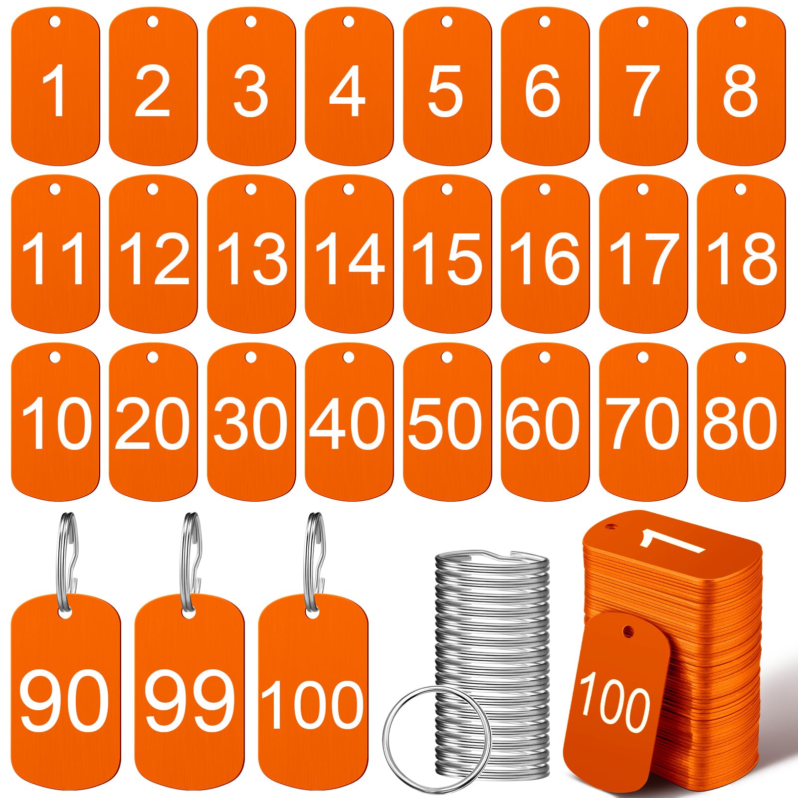 MorningRo 100 Pcs Aluminum Number Tags with Key Rings Number 1-100 Metal Key Tags for Identification Hotel Dormitory House Lockers (Orange,Rectangular)