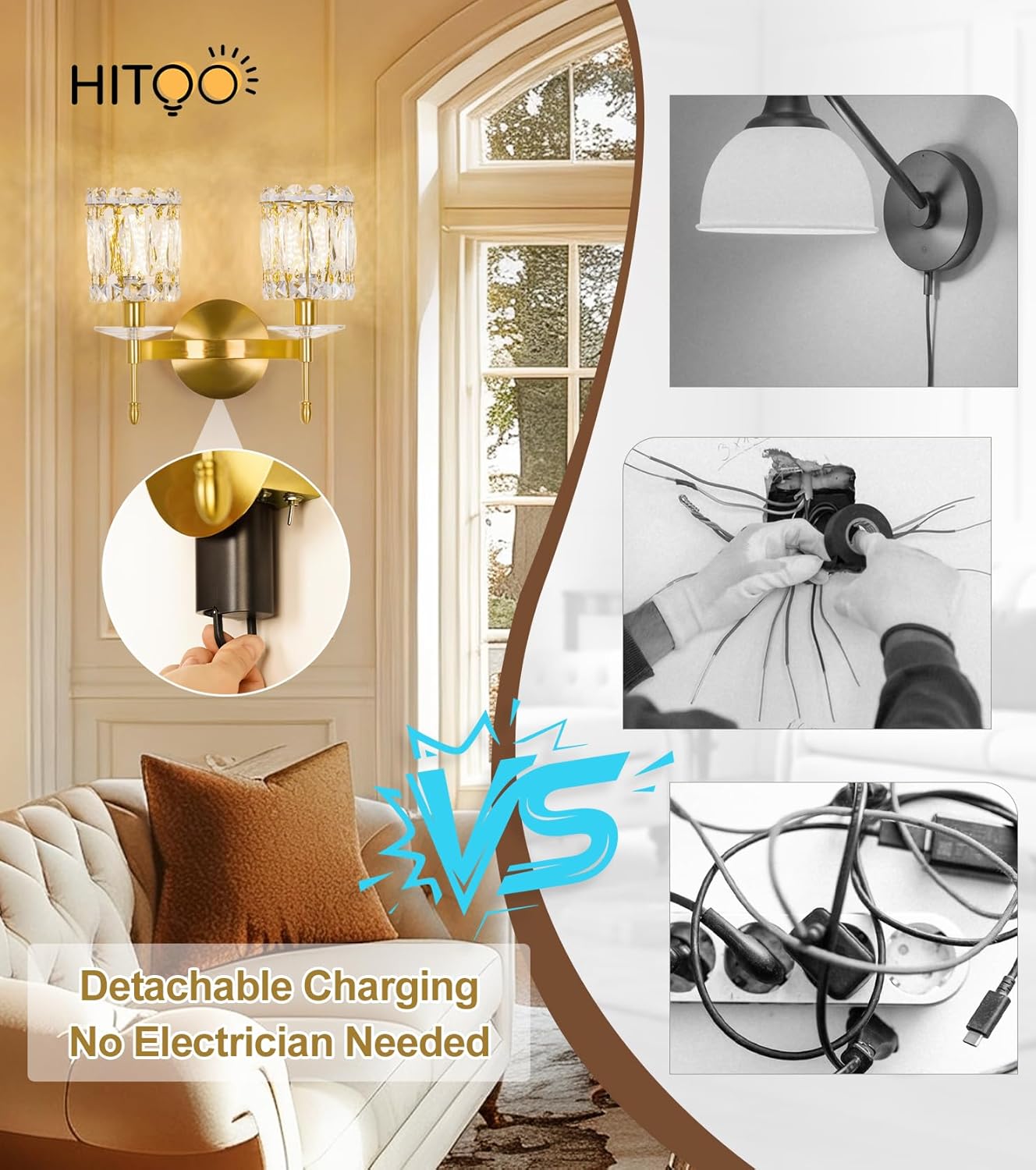 Battery Operated Wall Sconce with 2 Lights,13500mAh Crystal Rechargeable Wall Sconce with Remote Detachable Battery Wireless Wall Lighting for Livingroom,Bedroom,Hallway Gold(E26 Bulb Included)