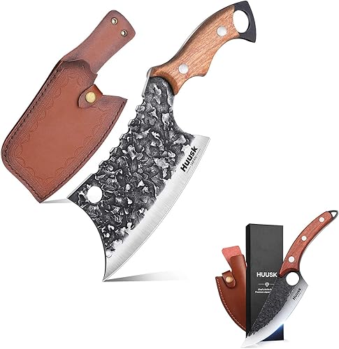 Huusk Paquete de cuchillos coleccionables, cuchillo de chef y cuchillo de carnicero forjado a mano con funda de cuero y caja de regalo