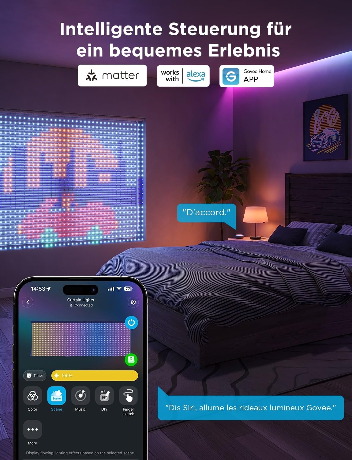 Govee Curtain Lights 1,5x2m, Rideau LED Intelligent, 520 LEDs, IP65 | Compatible avec Alexa, GIF DIY, Étanche IP65, Décoration de Noël, Contrôle par App, Couleurs RGBIC