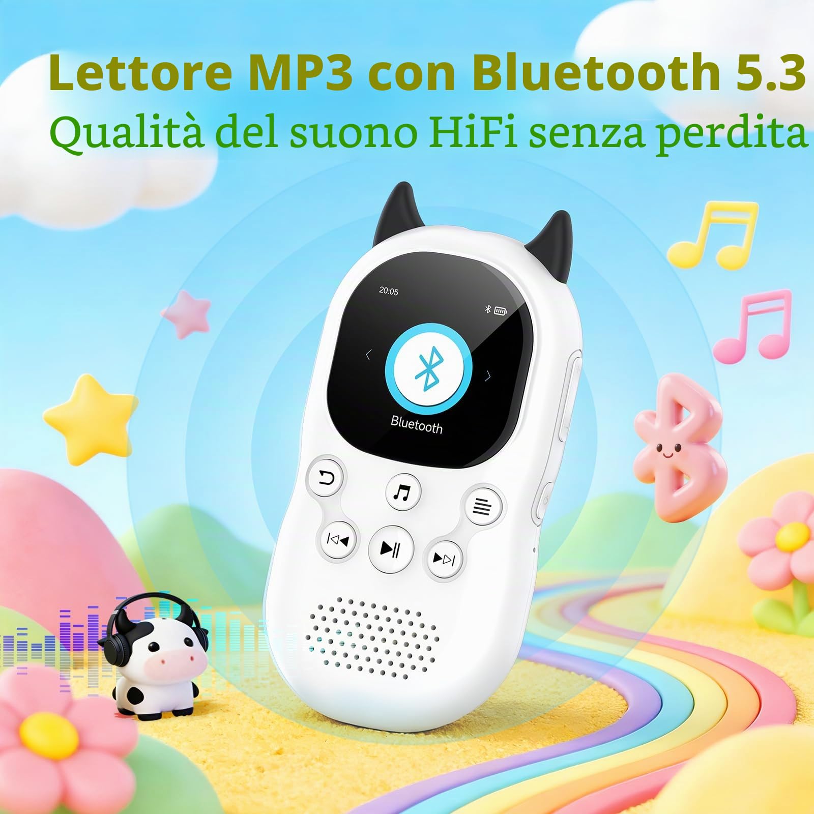 64 GB Lettore MP3 Bluetooth 5.3 per bambini, altoparlanti, lettore musicale con radio FM, sveglia, riproduzione di brani con un clic, batteria da 750 mAh, qualità audio HiFi, cordino gratuito
