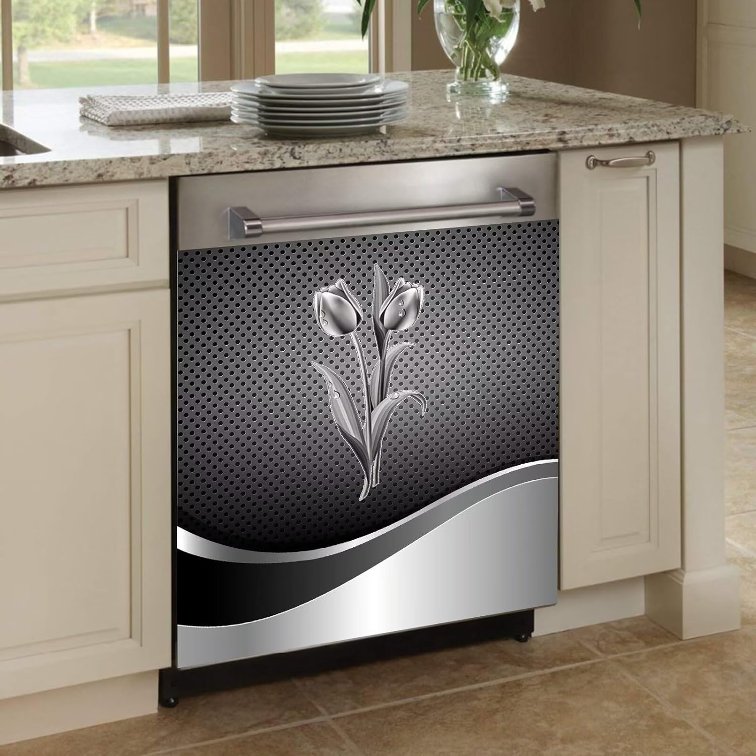 Polishing Metal Magnetic Tulip Sticker for Dishwasher Front Cover Decoration Magnet Fridge Decal-Magnet Appliance Skin Panel 23"x17", Stainless Steel Dishwasher Full Door Sheet