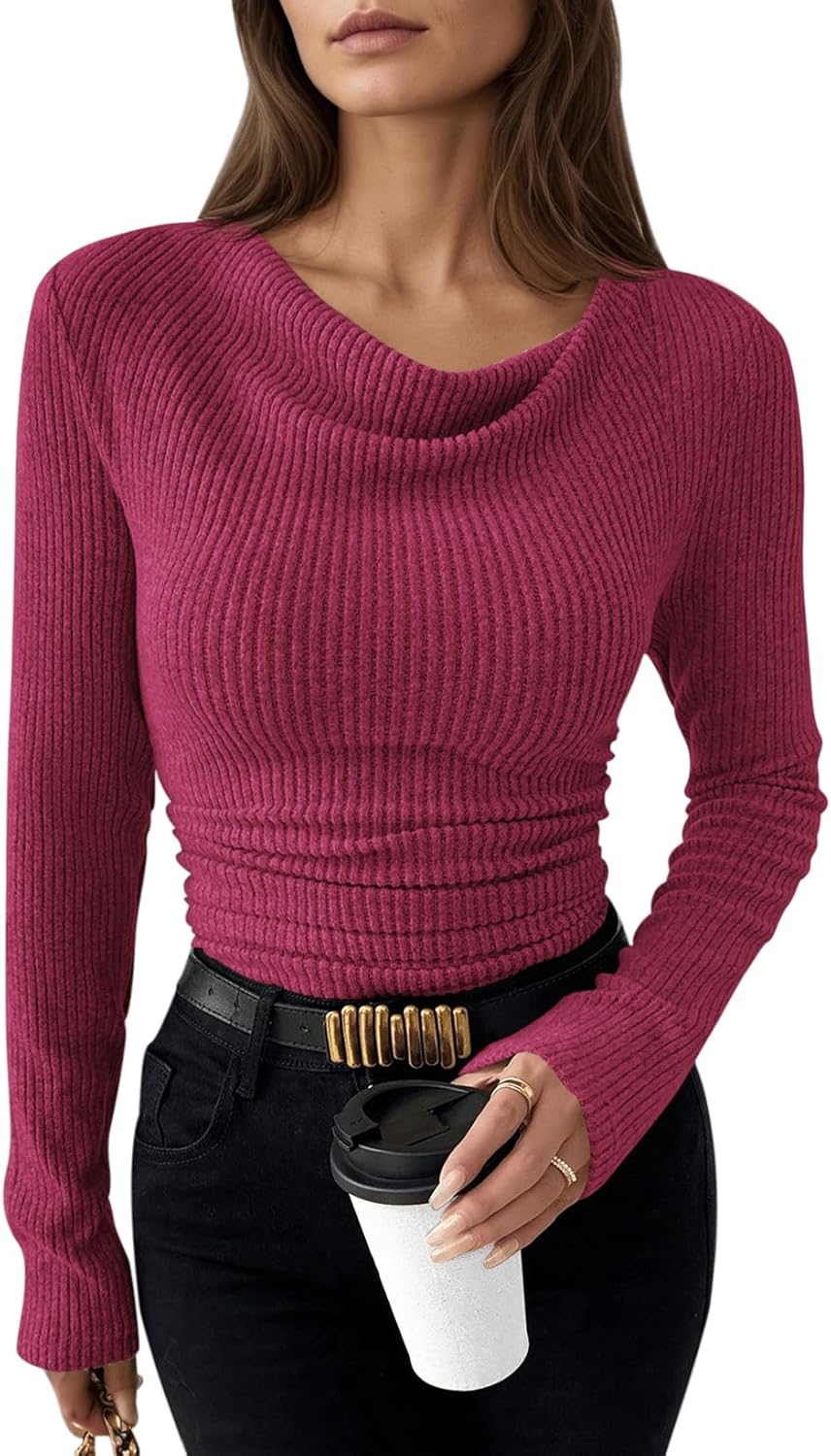 Pink Queen Women's Cowl Neck Long Sleeve Ruched Ribbed Knit Top Slim Fit Basic Shirt 2026 Spring