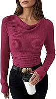 Pink Queen Women's Cowl Neck Long Sleeve Ruched Ribbed Knit Top Slim Fit Basic Shirt 2026 Spring