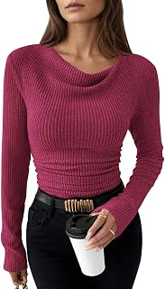 Pink Queen Women's Cowl Neck Long Sleeve Ruched Ribbed Knit Top Slim Fit Basic Shirt 2026 Spring