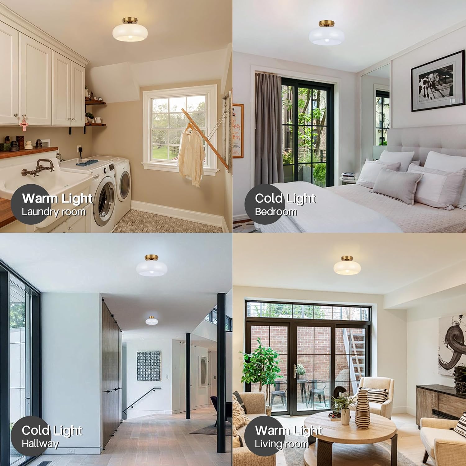 Semi Flush Mount Ceiling Light Fixture, 11'' Vintage Mid-Century Gold with White Milk Glass Shade, Modern Farmhouse Lighting for Kitchen, Hallway, Bedroom, Foyer, Laundry Room, Schoolhouse