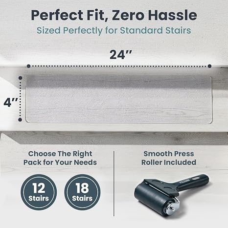 PELEGON Anti Slip Tape for Stairs Indoor (18 Stairs) 4x24 Clear Grip Tape for Wood, Transparent Stair Grips with Roller, Fits Most Stair Surfaces, Non Slip Traction Strip for Seniors, Kids and Pets
