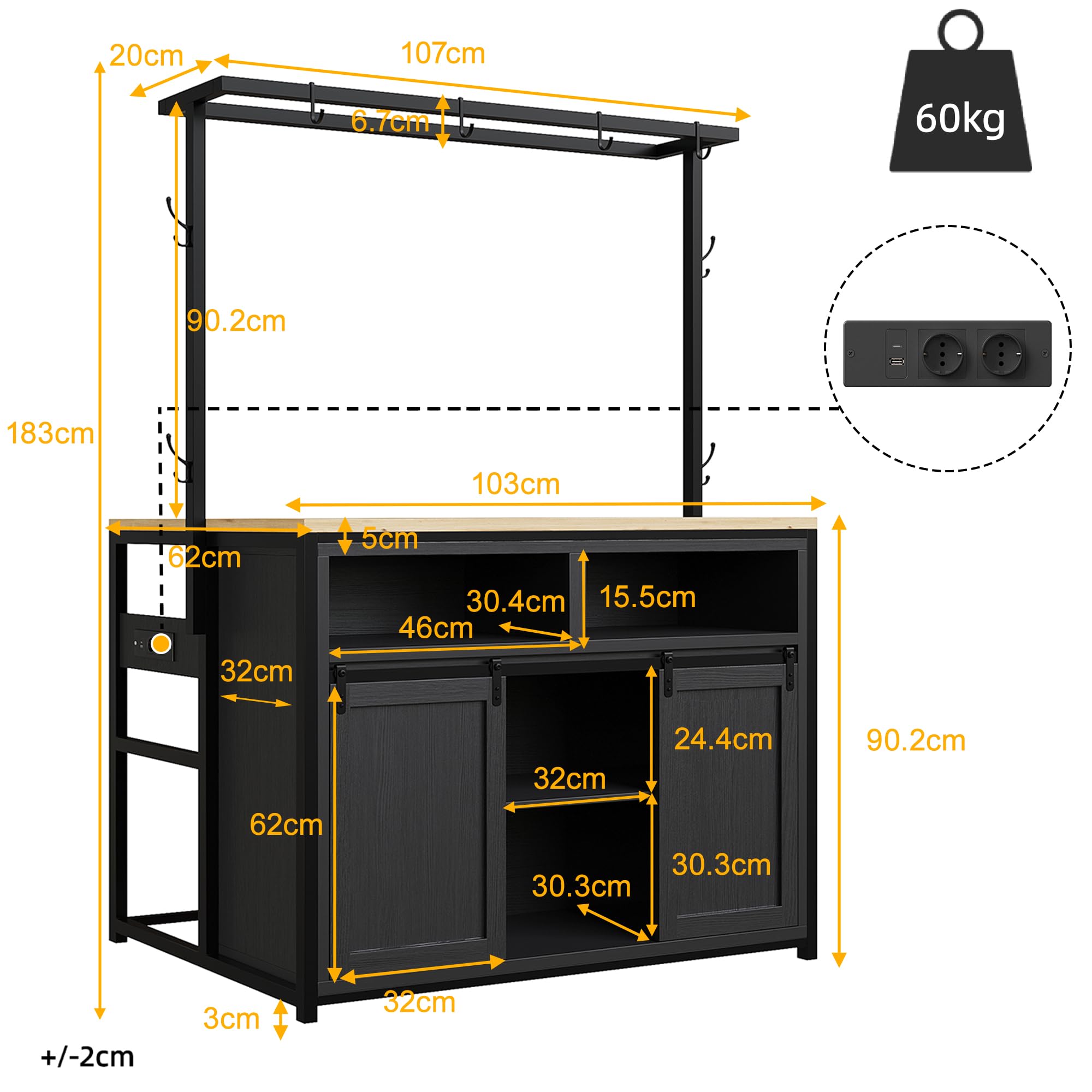Set di isole da cucina con 2 sgabelli, armadio da cucina con connettore di alimentazione e sgabelli da bar abbinati, effetto legno/nero, per cucina e sala da pranzo