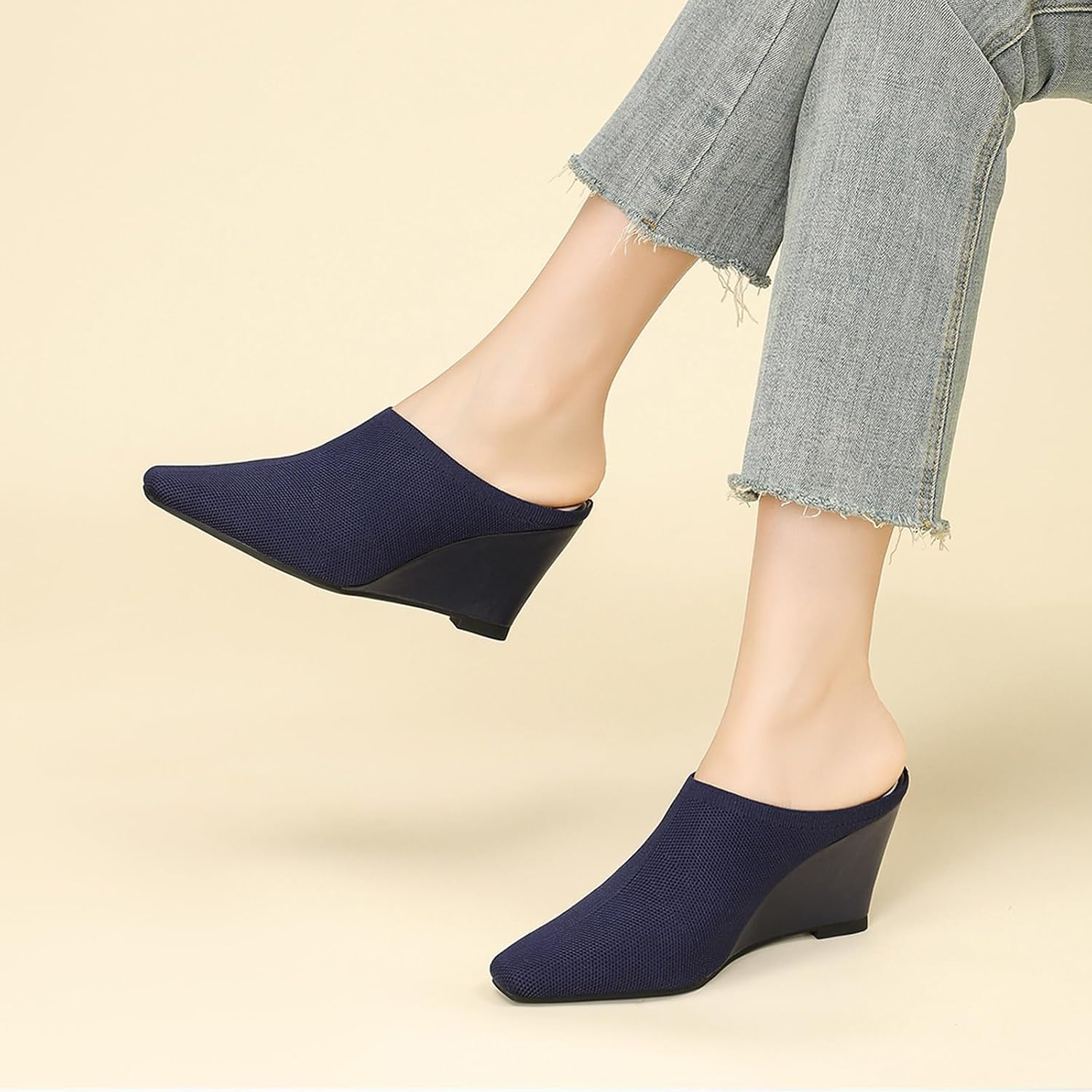 Women's Knit Wedge Mules with Arch Support Square Toe Breathable Memory Foam Slip-On Heeled Clogs Slides for Walking Work Comfortable Wedge Slingback Loafers for Summer Office