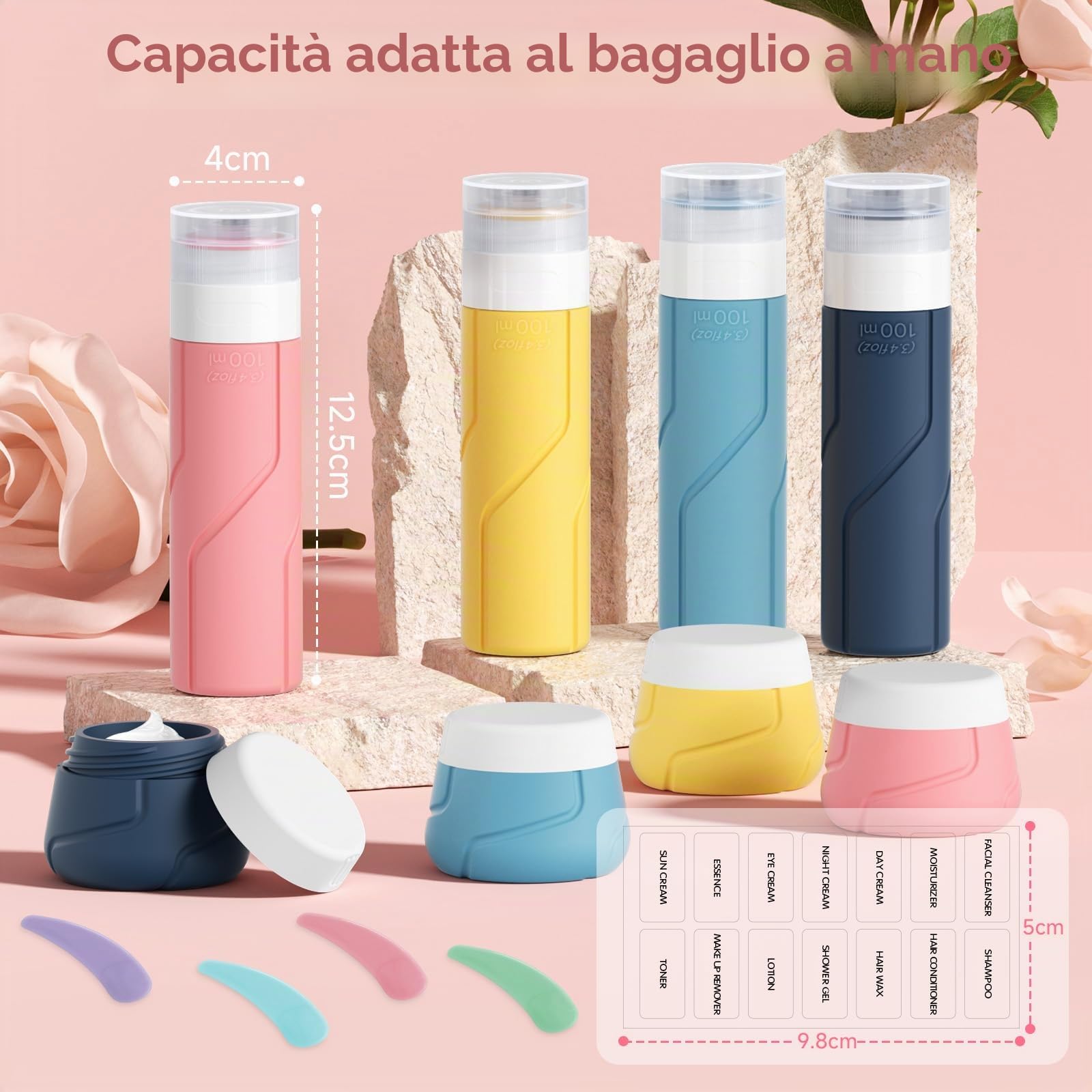 Alyvisun Set da 14 Contenitori da Viaggio in Silicone, Flaconi da Viaggio 100 ml & Vasetti 30 ml con Accessori, Kit Viaggio Liquidi Antiperdita e Ricaricabile per Shampoo, Lozione, Creme